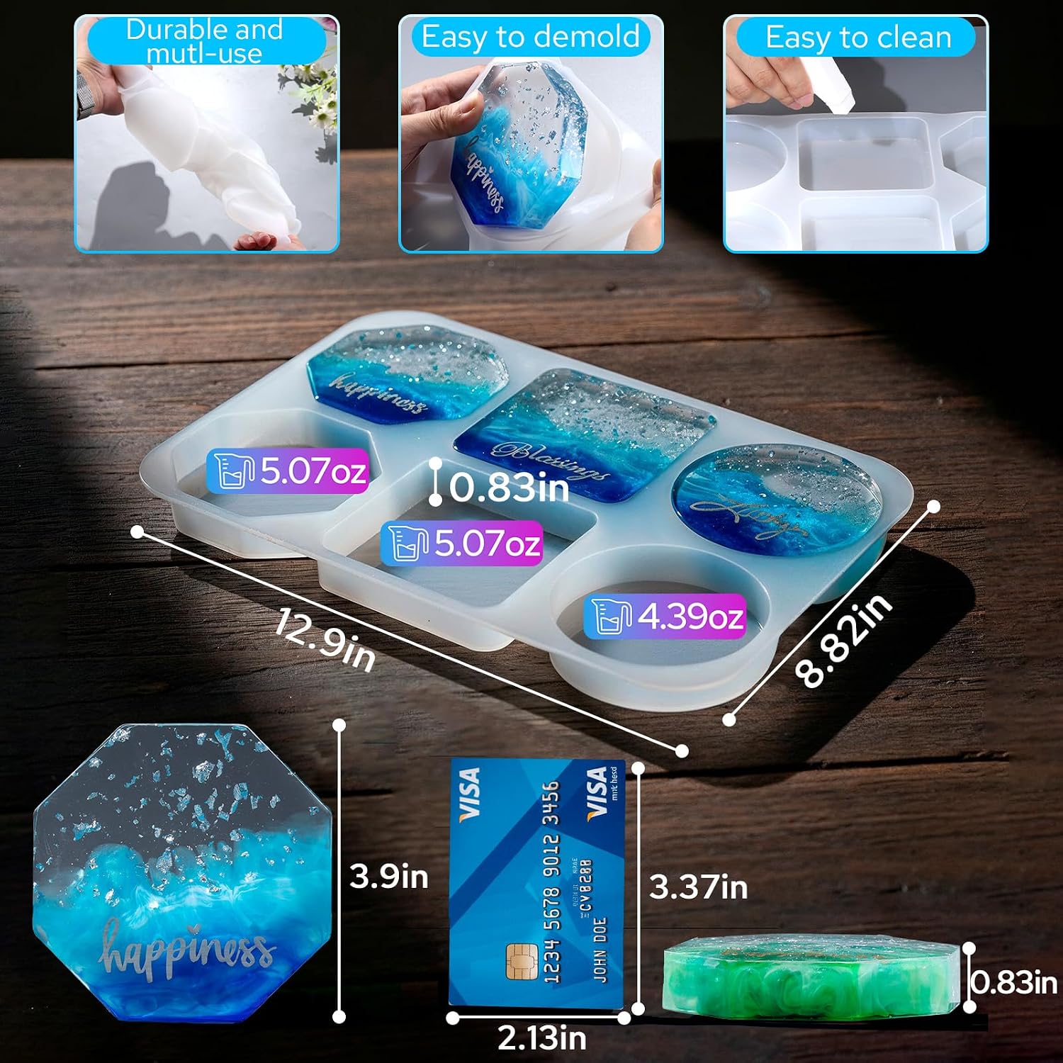 LET'S RESIN Extra Deep Coaster Resin Molds, 6 Cavity Round/Square/Octagon Shape Silicone Molds for Epoxy Resin, Flower Preservation, DIY Art Craft Cup Mats