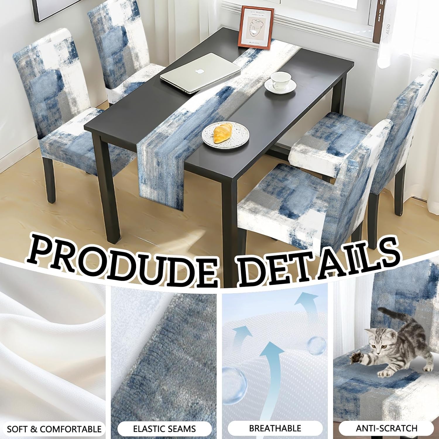 MCALK - Juego De 4 Fundas De Silla Amarillas Abstractas Y Caminos De Mesa, Fundas Elásticas Para Sillas Amarillas Para Cocina, Lavable Y Extraíble, Fundas Modernas Para Sillas De Comedor