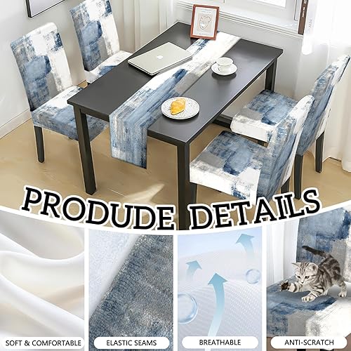 Miniatura 2 de MCALK Juego de 4 fundas azules para sillas y camino de mesa, fundas elásticas grises para cocina, protector de silla extraíble lavable y moderno