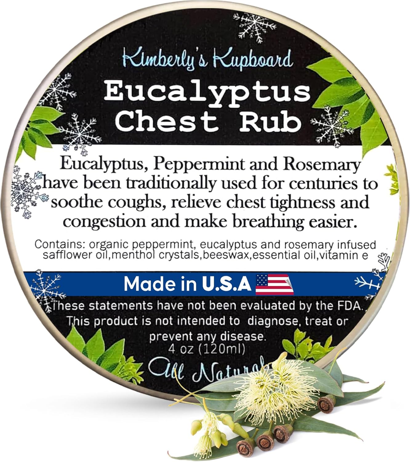 Kimberly's Kupboard Eucalyptus Chest Rub Salve 4 oz/120ml Natural and Effective