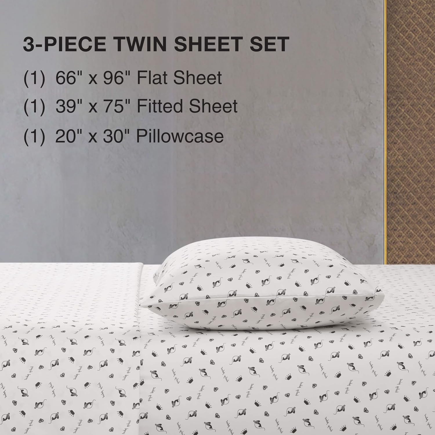 Baby Phat Diamond Cat Toss Printed Microfiber Sheet Set, 100% Polyester, White, Twin