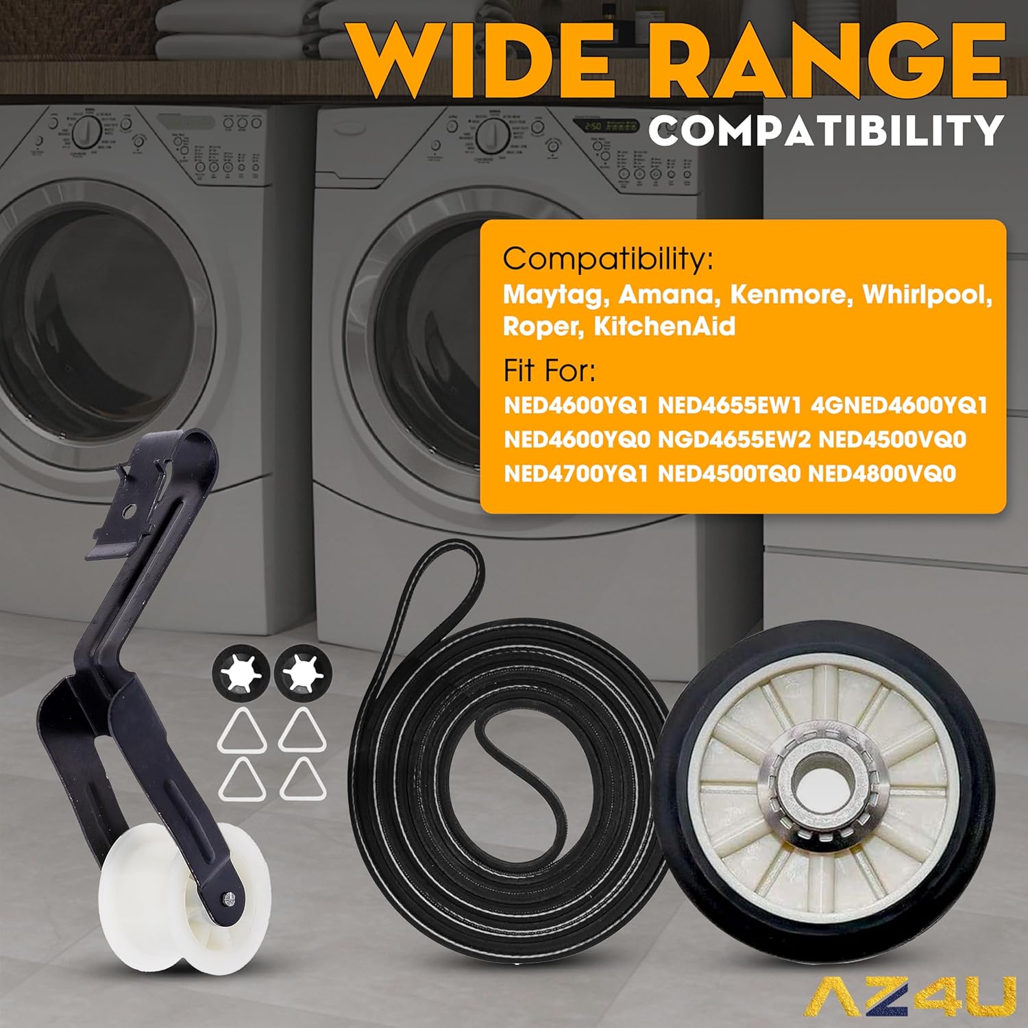 Dryer Repair Kit Replaces For Amana NED4600YQ1 NED4655EW1 4GNED4600YQ1 NED4600YQ0 NGD4655EW2 NED4500VQ0 NED4700YQ1 NED4500TQ0 NED4800VQ0 Drum Rollers 14210017 Belt 341241 Idler Pulley 14210023