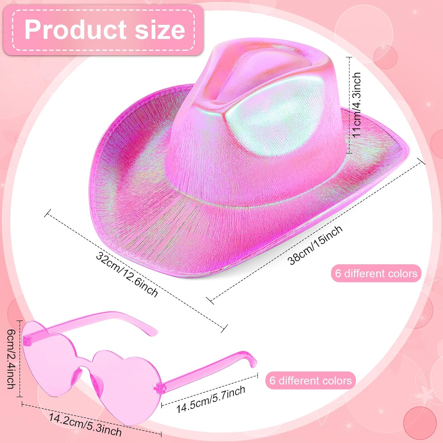 Haysandy 12 Pcs Holographic Space Hat with Rimless Sunglasses Neon Sparkly Hat and Heart Sunglasses for Women - Image 2