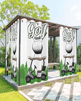 Outdoor Curtains for Patio, Golf Waterproof Blackout Outside Curtain for Porch/Pergola/Gazebo, Green Forest Tree Balls Clubs Sports Cartoon Thermal Insulated Drapes for Cabana, 1 Panel, 54 x 84 Inch
