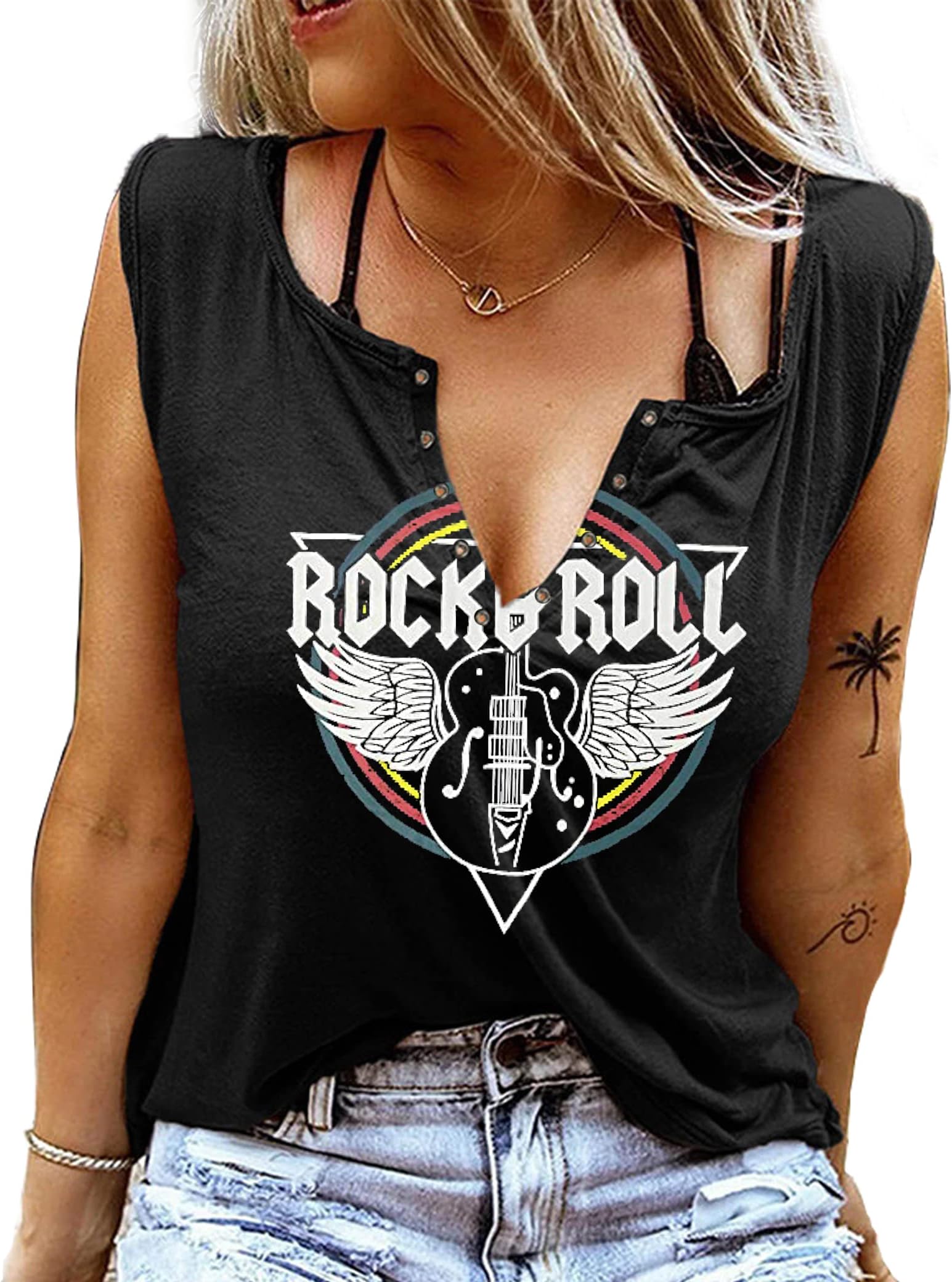 TIEGUODUNRock and Roll Tank Tops for Women Vintage Country Music Shirts Rock Concert Tees Summer Sleeveless Graphic Tops