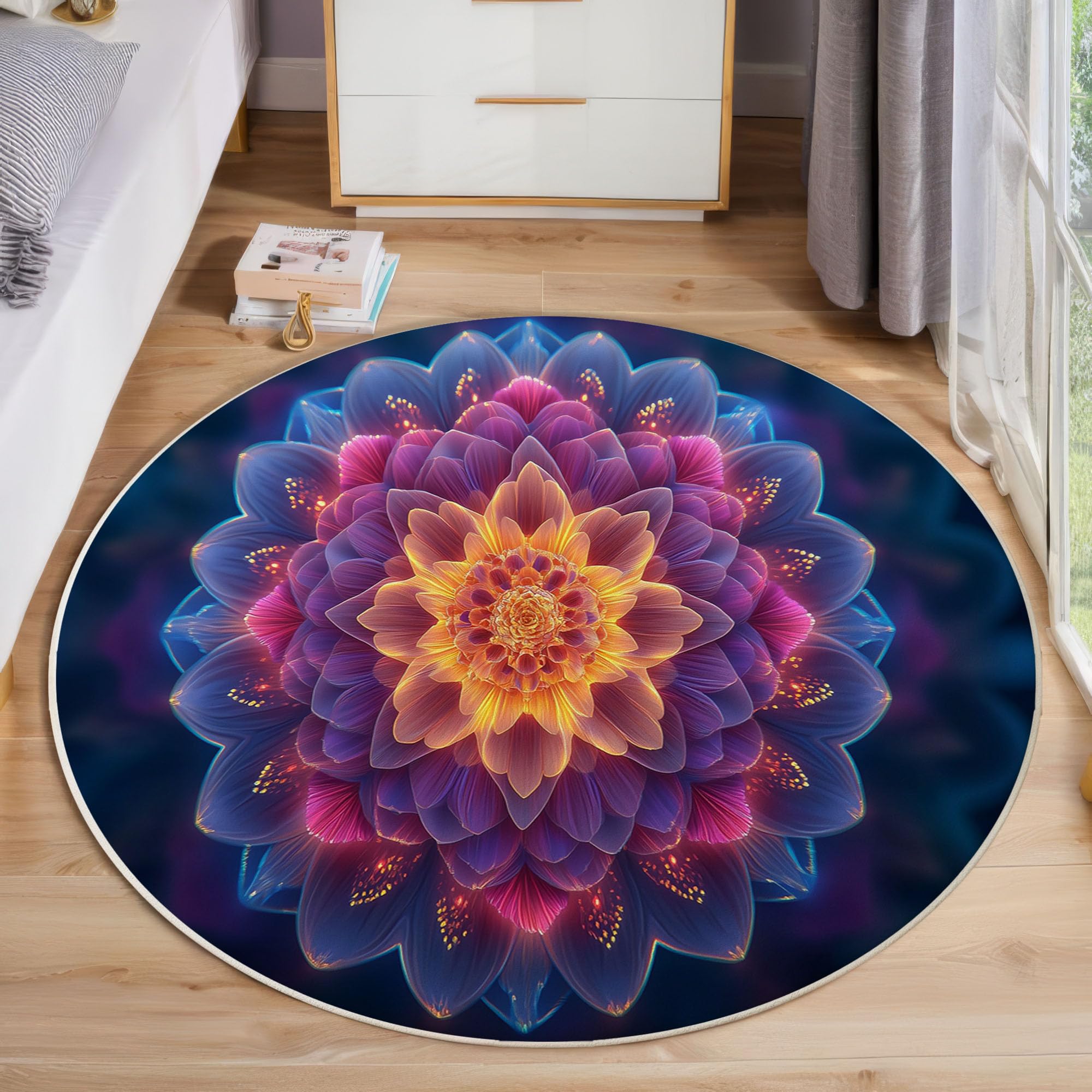 Tapis Rond 100cm, Microfibre Douce Tapis Circulaire Mandala, Moquette Salon Chambre, Imprimés Art Multicouche Pétales Antidérapant Lavable Moquette de Décoration, Bleu Violet