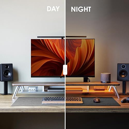 Miniatura 2 de Fenge Soporte de monitor doble para escritorio, elevador de monitor de 2 niveles con estante acrílico y luces LED de control de aplicaciones,