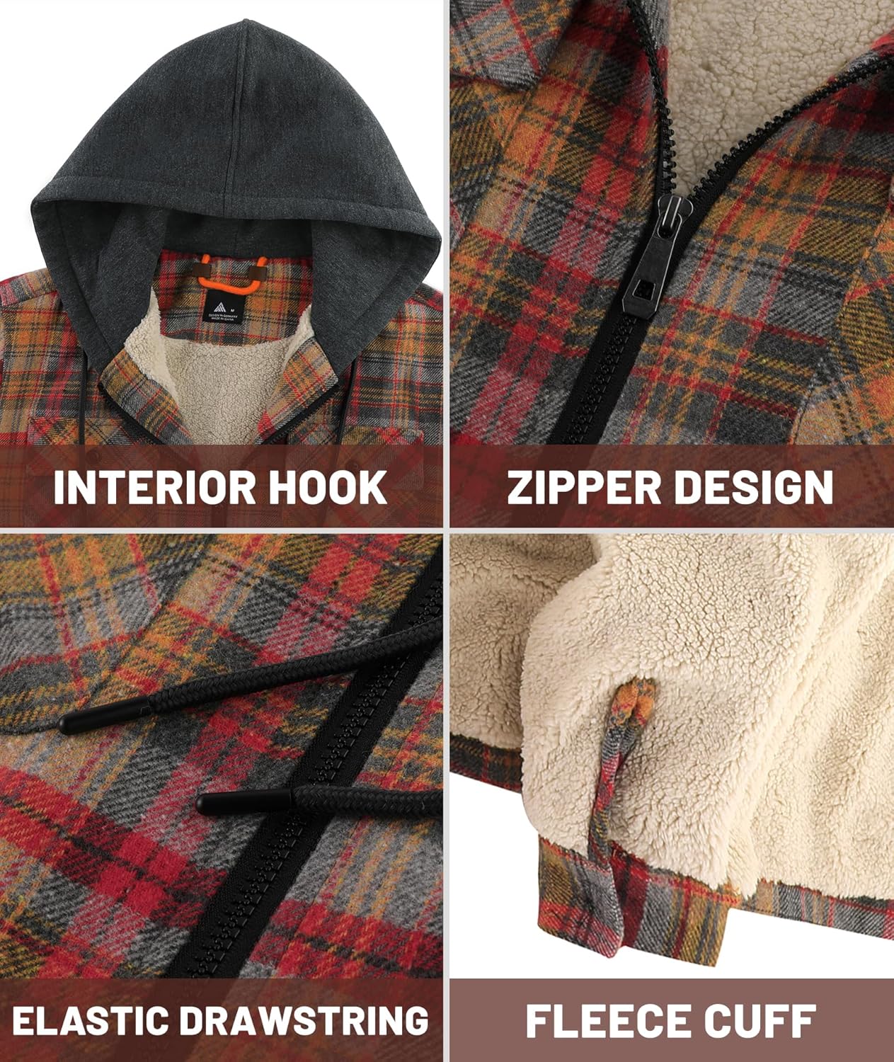Men's Flannel Jacket Vintage Plaid Zip Up Sherpa Lined Fleece Coat Warm Winter Work Jackets with Hood - Image 3