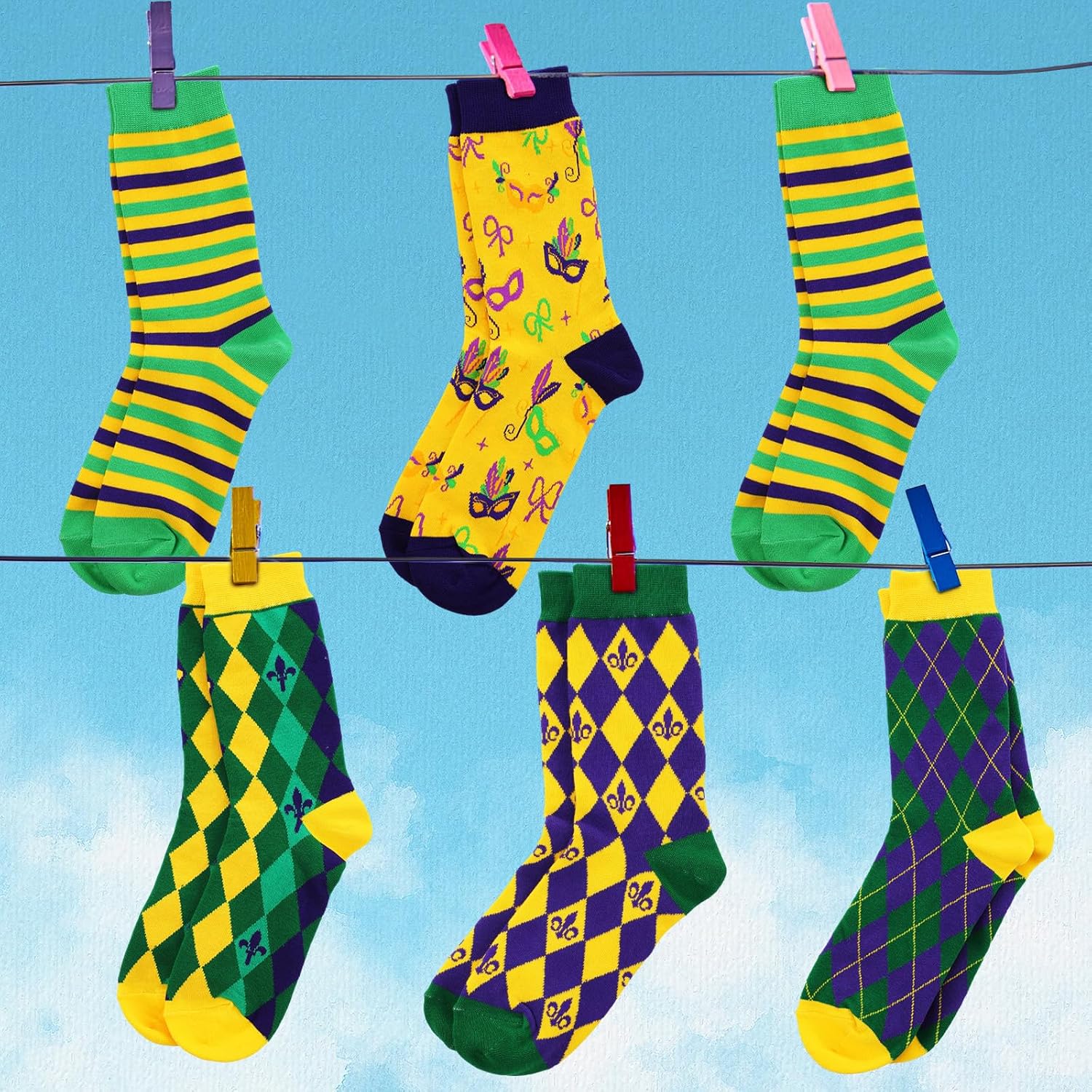 Cuffbow 12 Pairs Mardi Gras Socks Unisex Patterned Novelty Socks for Men Shoe Size 7-12, Women Shoe Size 8-13(Mardi Gras) - Image 4