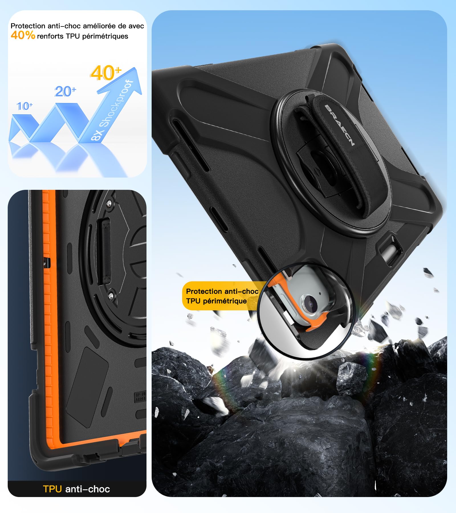 BRAECN pour Coque iPad Air 11 Pouces 2026 M4/2025 M3/2024 M2, Étui de Robuste avec Film Protection, Support Rotatif à 360°et Dragonne, Bandoulière, Porte-Stylet, Noir