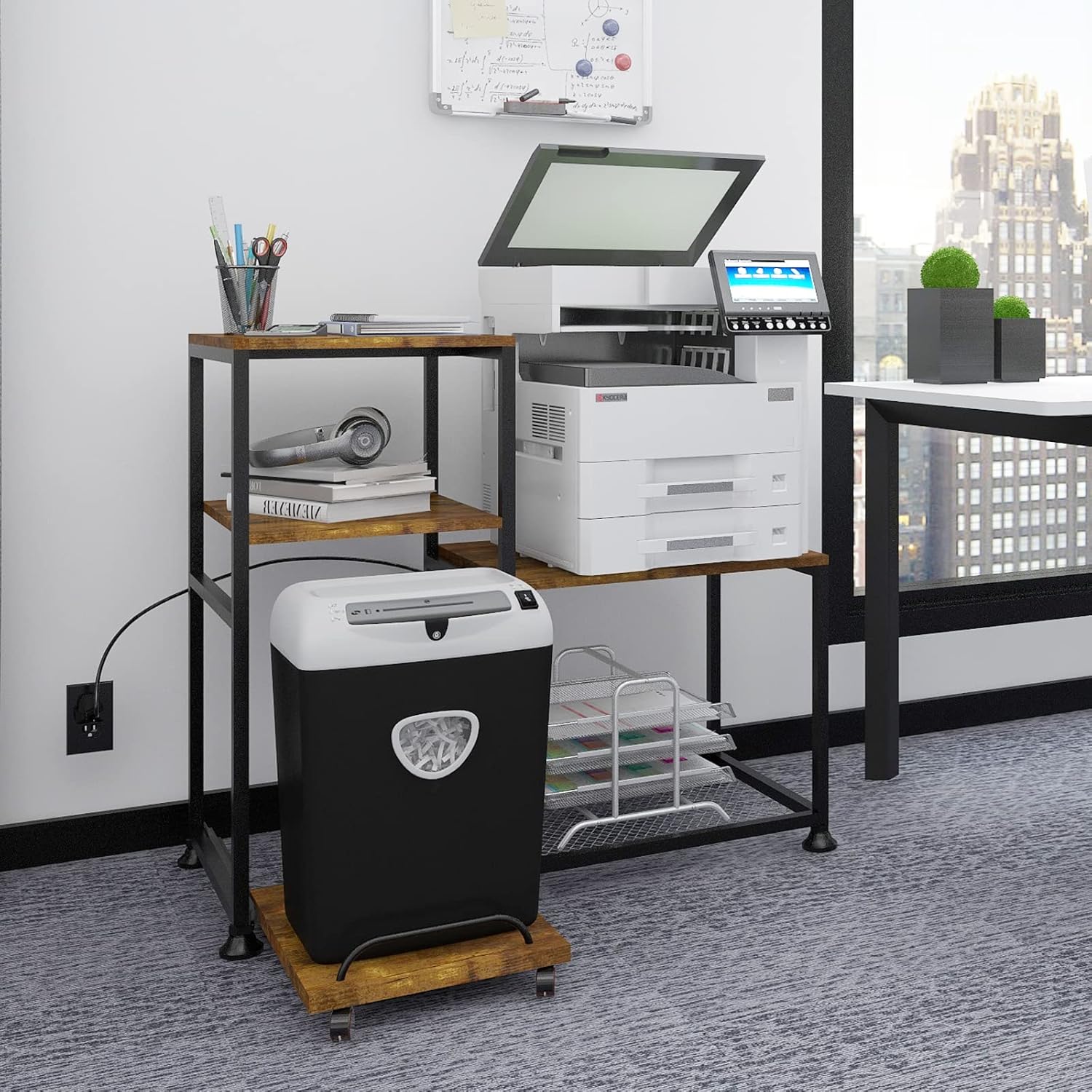 Natwind Printer and Shredder Stand with Power Outlet Large Printer Stand with Storage Shelves