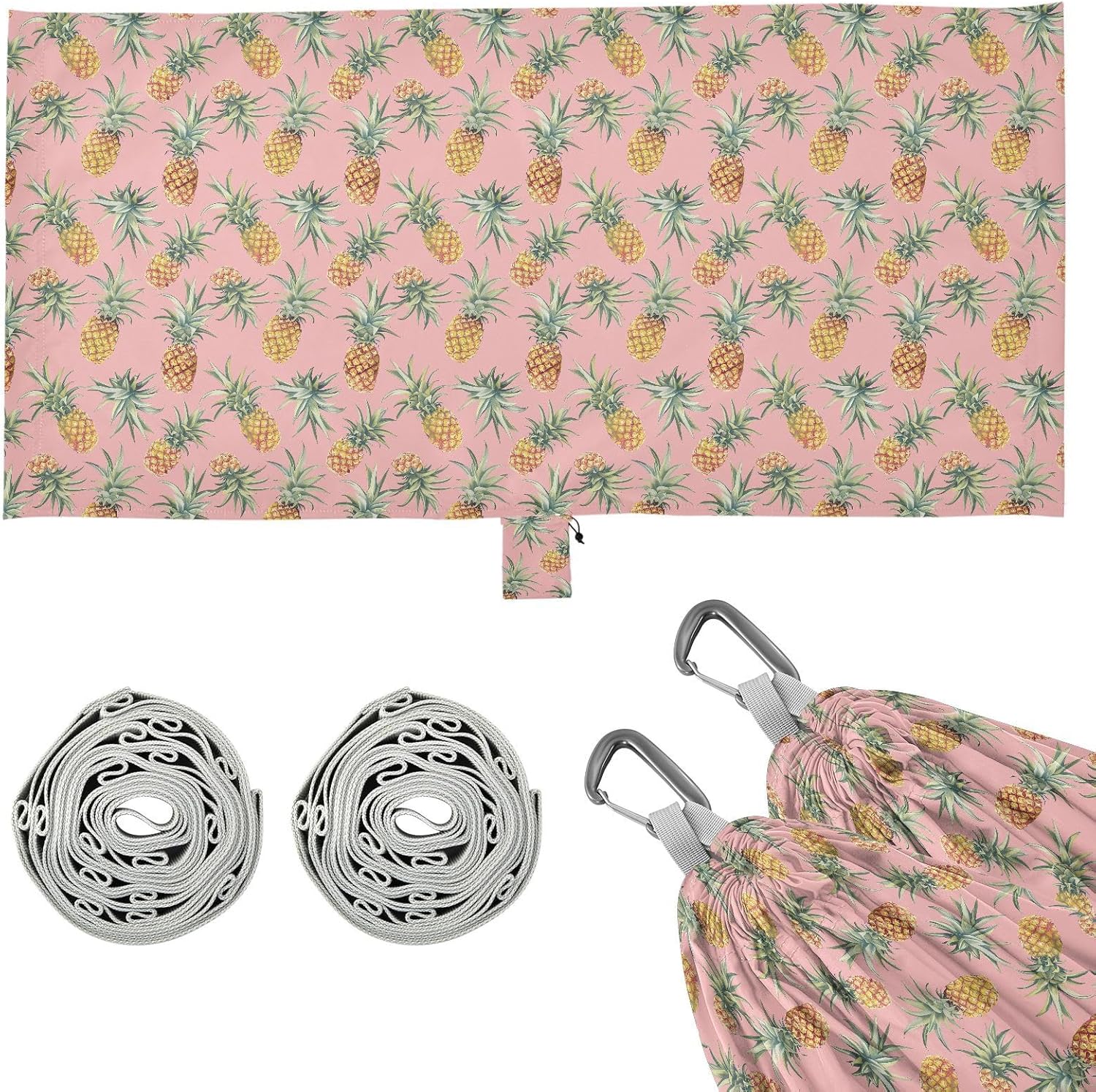 ALAZA Pineapple Pink Camping Hammocks Single or 2 Person 500 lbs Portable Parachute Travel Hammock w/Tree Straps for Hiking Backpacking Indoor Outdoor