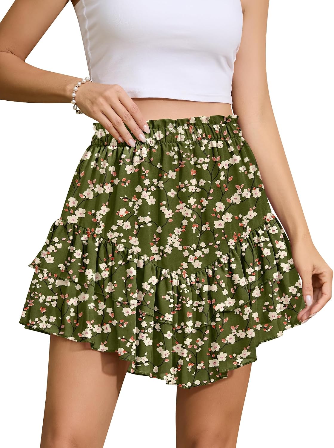 NASHALYLY Women's Mini Skirt Ruffle High Waist Elastic Boho Flowy Chiffon Tiered Skirt with Shorts