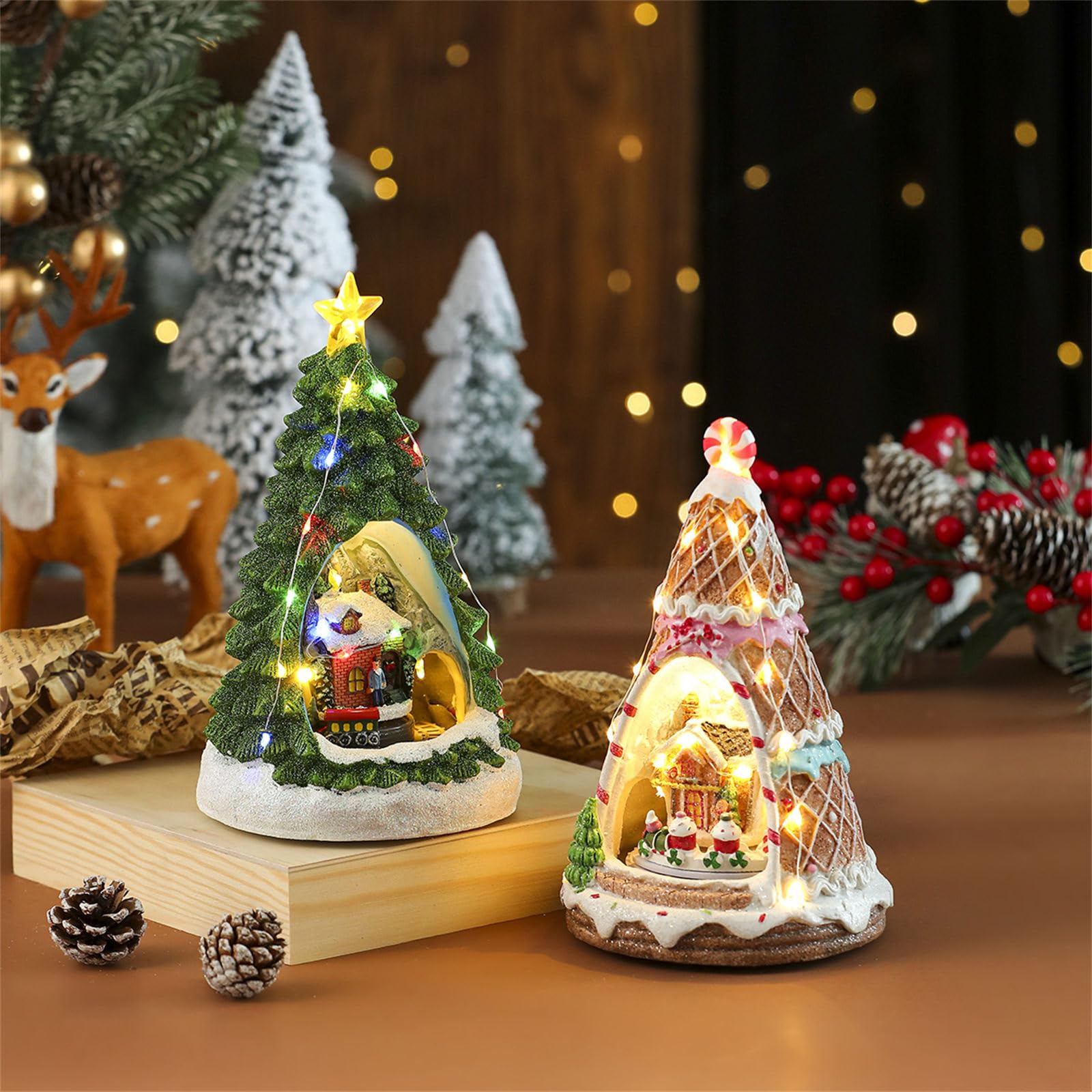 Carillon a forma di albero di Natale, con treno, in resina, con luci a LED, per uomini, donne, bambini, regalo di compleanno, villaggio, edificio in resina con luci a LED