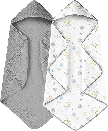 Miniatura 19 de Yoofoss Paquete de 2 toallas con capucha para recién nacido, 100% muselina de algodón orgánico, toalla de baño con capucha para bebés, infantes,