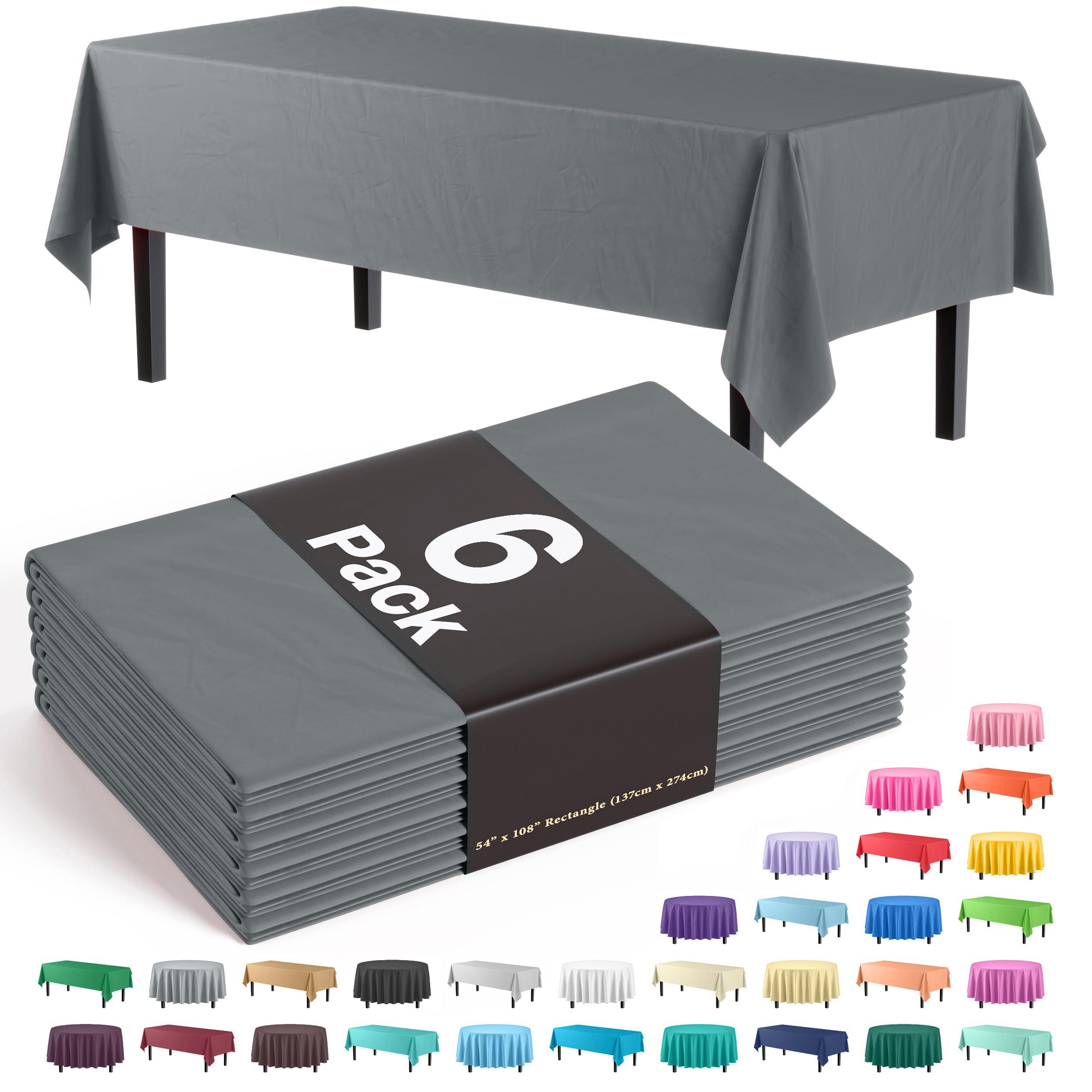 Exquisite Party Solids 6-Pack Premium Plastic Tablecloth 54in. x 108in. Rectangle Plastic Table Cover - Silver