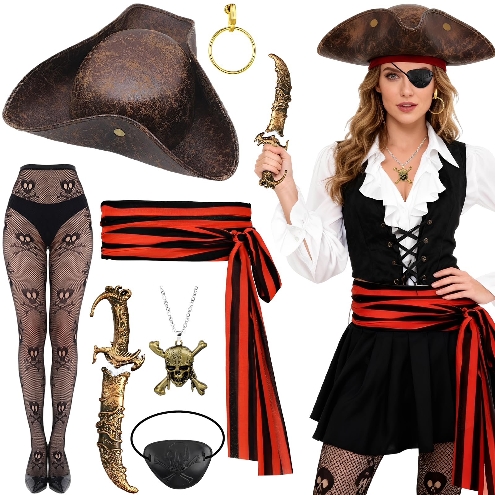 Kyndara 7Pcs Pirate Costume Set for Women, Pirate Outfit Accessories Kit with Tricorn Hat Socks Eye Patch Belt Necklace Earring Prop Dagger for Adult Halloween Themed Parties Stage Performance