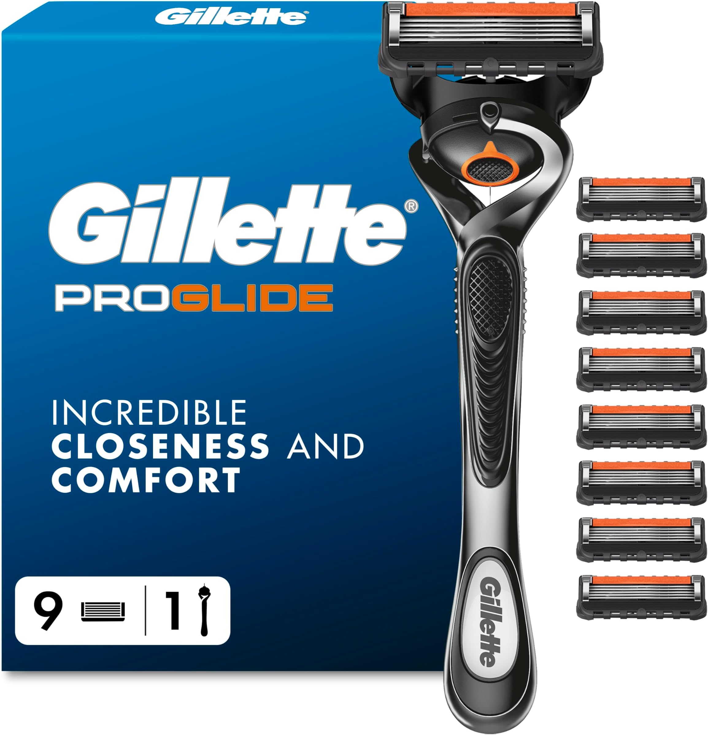 ProGlide Razor for Men, 1 Handle, 9 Razor Blade Refills, Designed for a Close Shave, with Lubrastrip