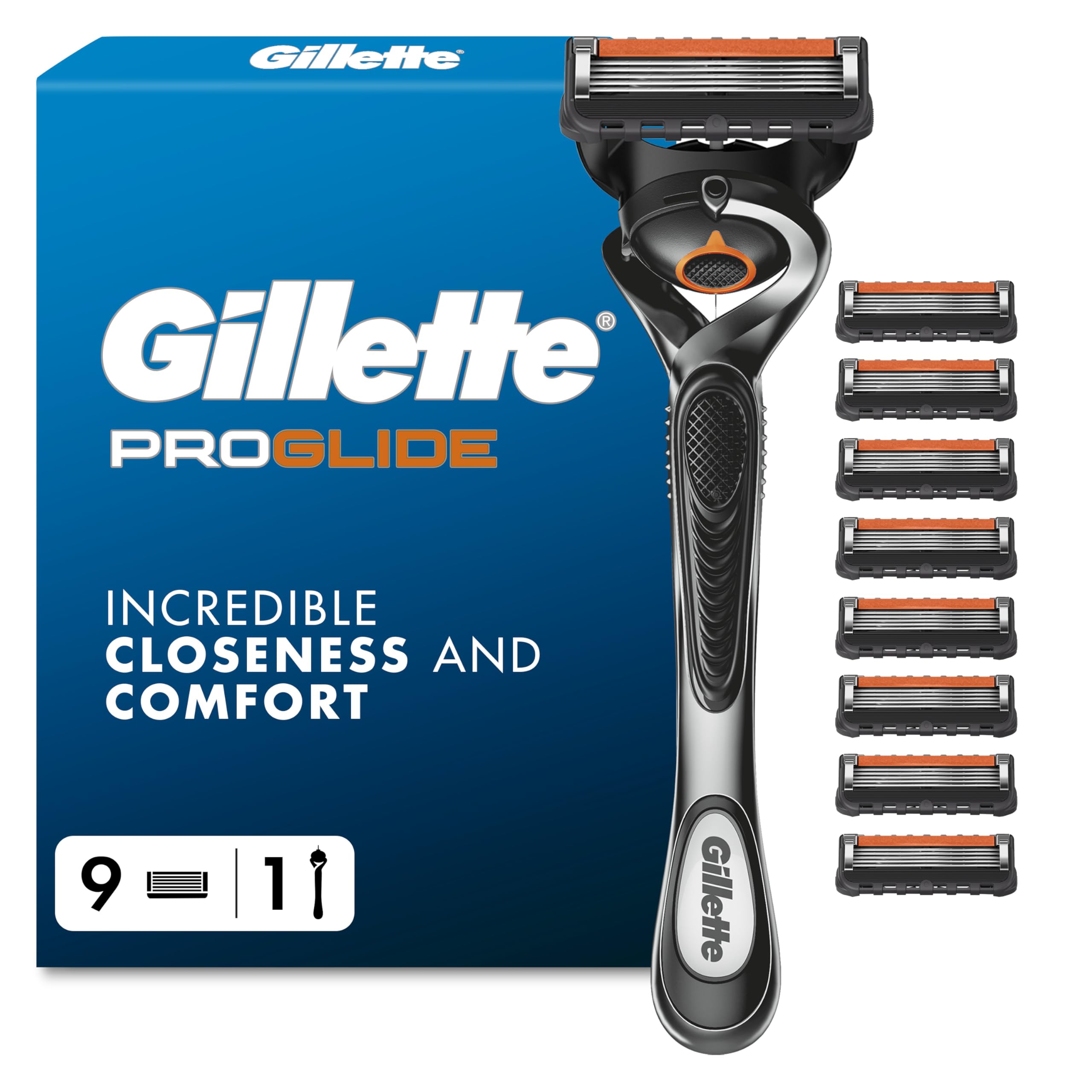Gillette ProGlide Razor for Men, 1 Handle & 9 Blade Refills - Lubrastrip, Close Shave, Precision Manual Shaving System