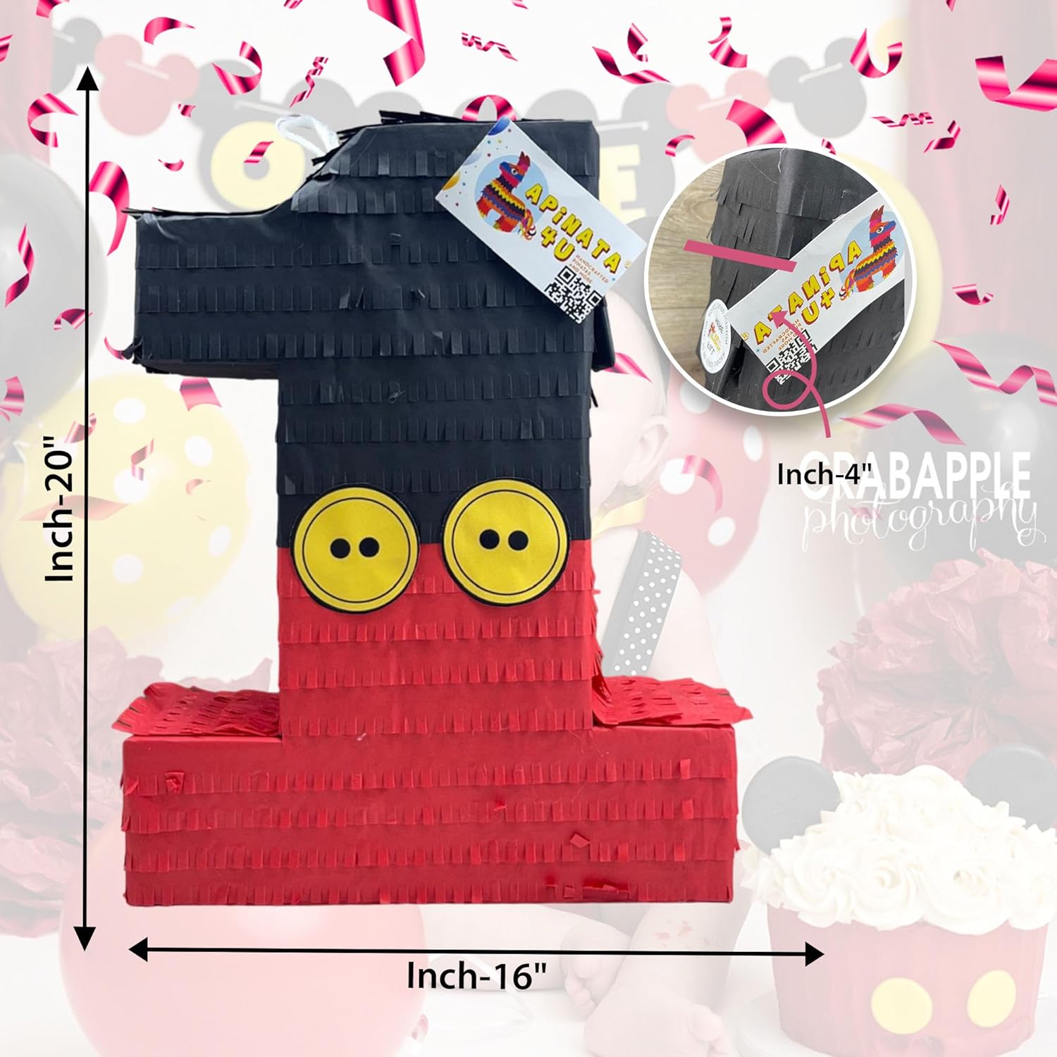 Apinata4u Black & Red Number 1 Pinata, First Birthday Party Supplies, Kids Celebration for Boys & Girls, Fun Polka Dot Number One, Black and Red Themed Party Decor, 20 X 16 X 4 Inches