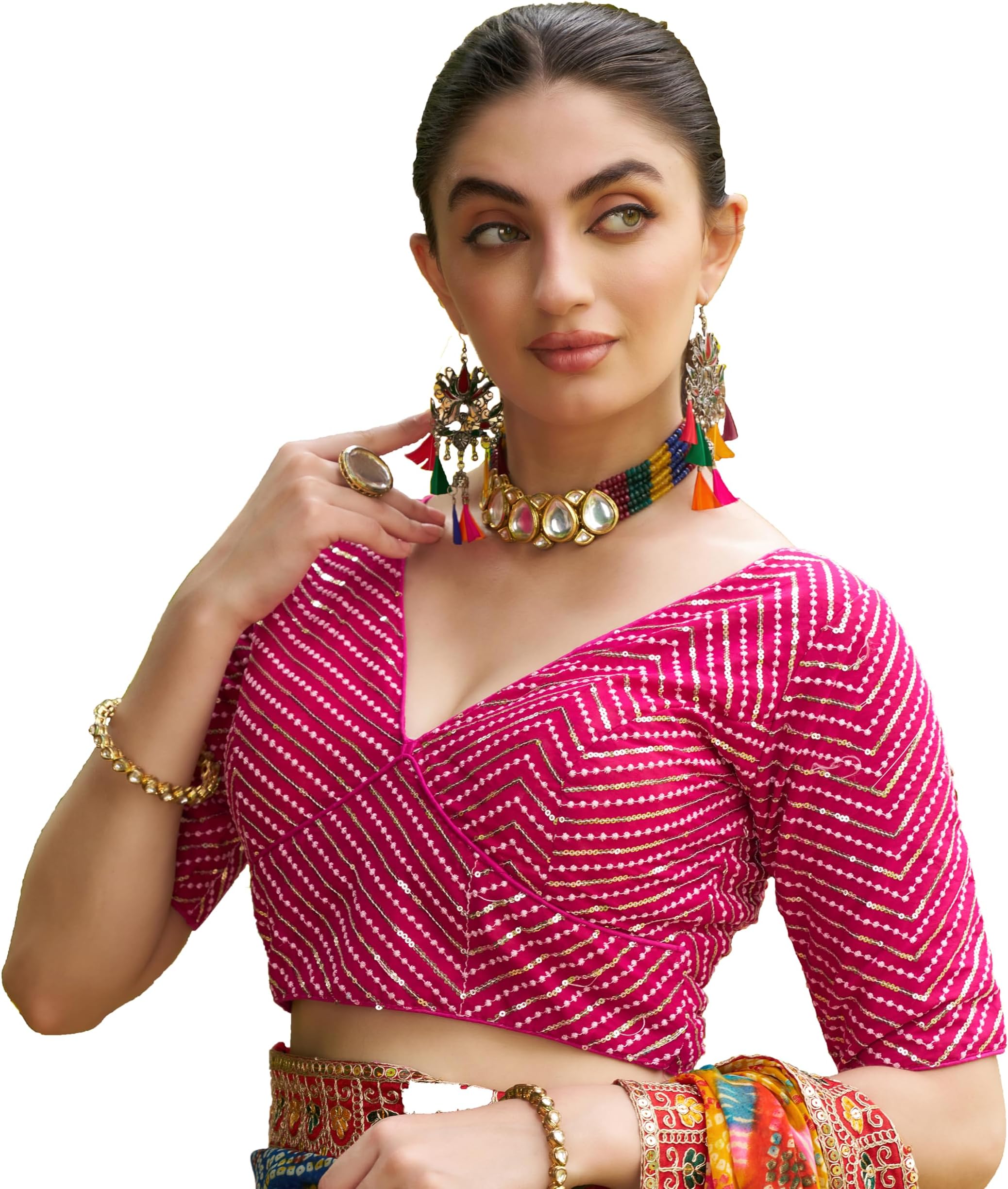 Womens Fancy Georgette Readymade Half Sleeve Sequins Saree Blouse (Pink 1, 36)