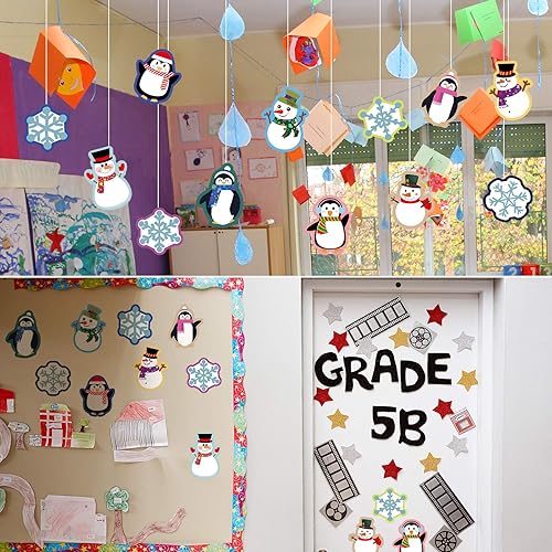 Miniatura 4 de 60 piezas de recortes de Navidad para invierno, mezcla colorida de pingüinos, copos de nieve, muñeco de nieve con 120 puntos adhesivos para tablón