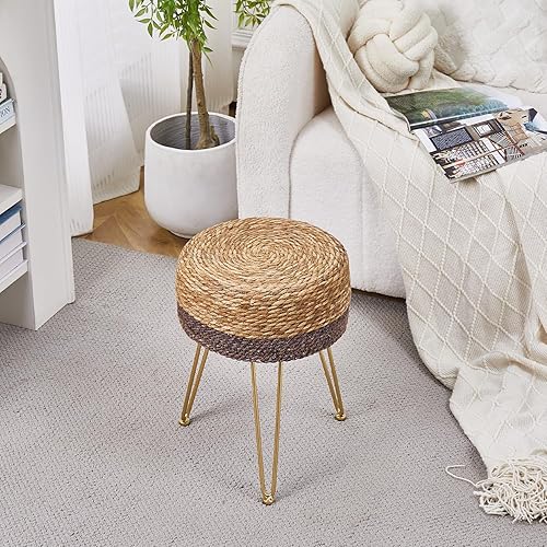 Miniatura 4 de Cpintltr Pufs de tejido a mano de algas marinas naturales, taburete otomano de terciopelo, taburete otomano redondo con patas de metal para sala de