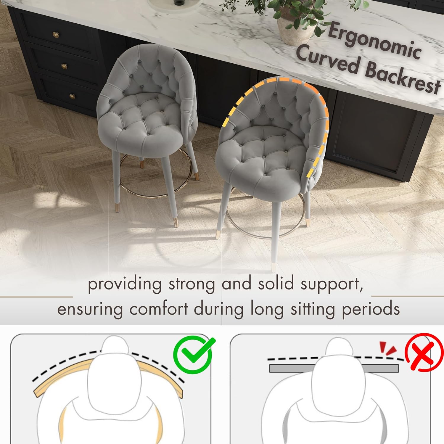 Hyfirm Upholstered Tufted Bar Stools Set of 2, 26" H Velvet Counter Height Bar Stools Glam Barstools with Gold Footrest & Fabric-Covered Legs for Kitchen Island Dining Room Bar, Grey