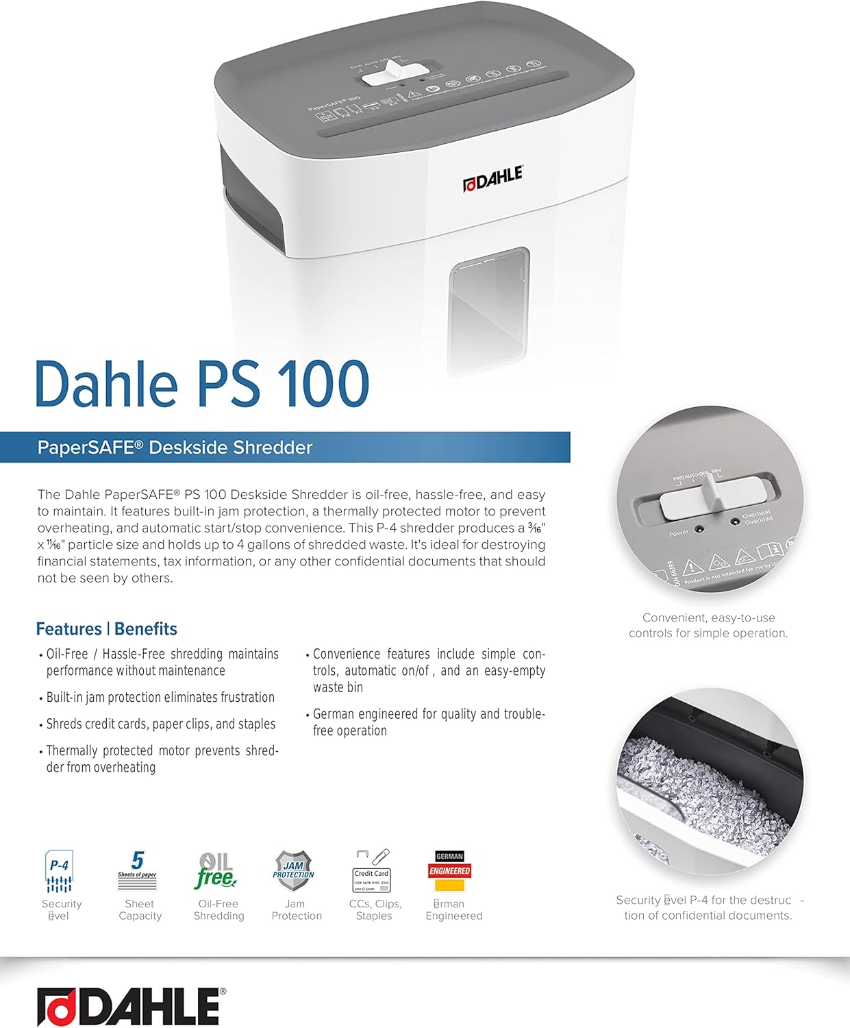 Dahle PaperSAFE PS 100 Paper Shredder, Oil Free, Jam Protection, Security Level P-4, 5 Sheet Max, Shreds Staples, Paper Clips & Credit Cards