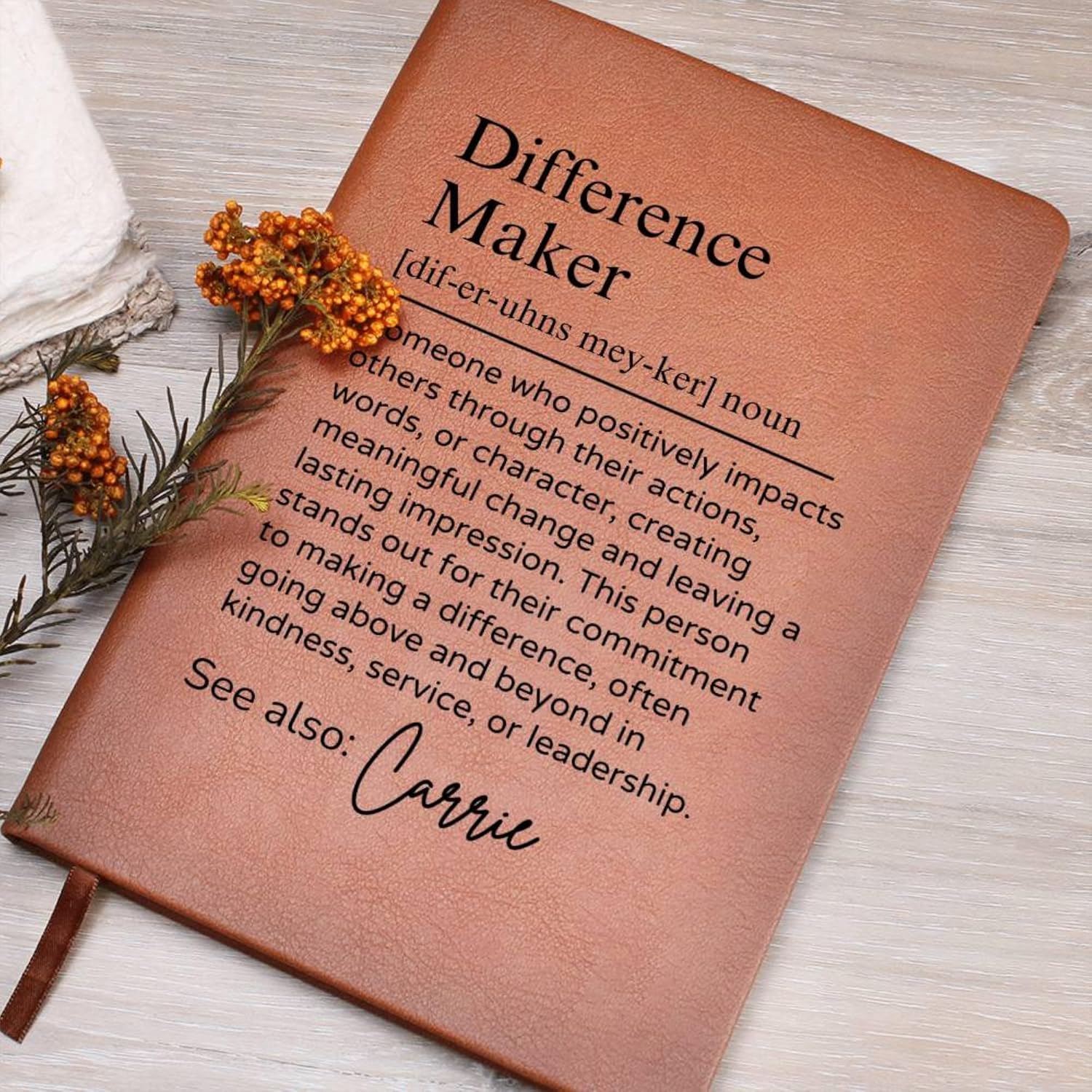 Hilis Personalized Difference Maker Journal, Coworker Gifts for Women or Men, A5 Vegan Leather Lined Notebook, Thank You Gift for Social Worker Boss Mentor Teacher Appreciation Retirement D77