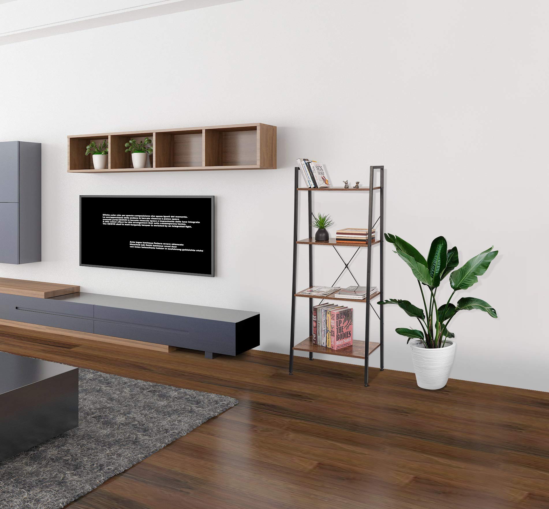 eSituro Estante para Piso Estantería Librería Estante de Cocina Estante de Almacenamiento de Organizador Multifuncional para Libros Plantas con 4 Estantes Metal + MDF 60x35x148CM SSTR0053