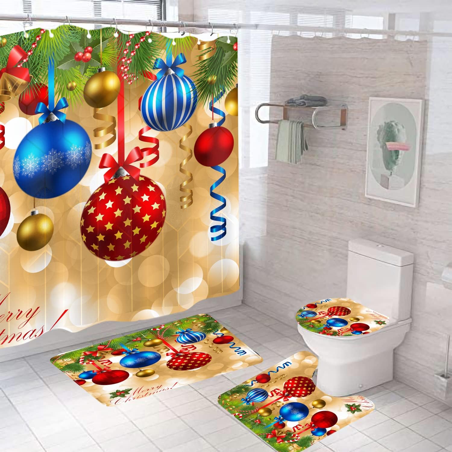 4 Piece Christmas Candy Shower Curtain Set, Includes Extra Large Floor Mats, U-Shaped Mat, Toilet Seat Cover, Ocean Shower Curtain with 12 Hooks for Bathroom Decoration, Hotel