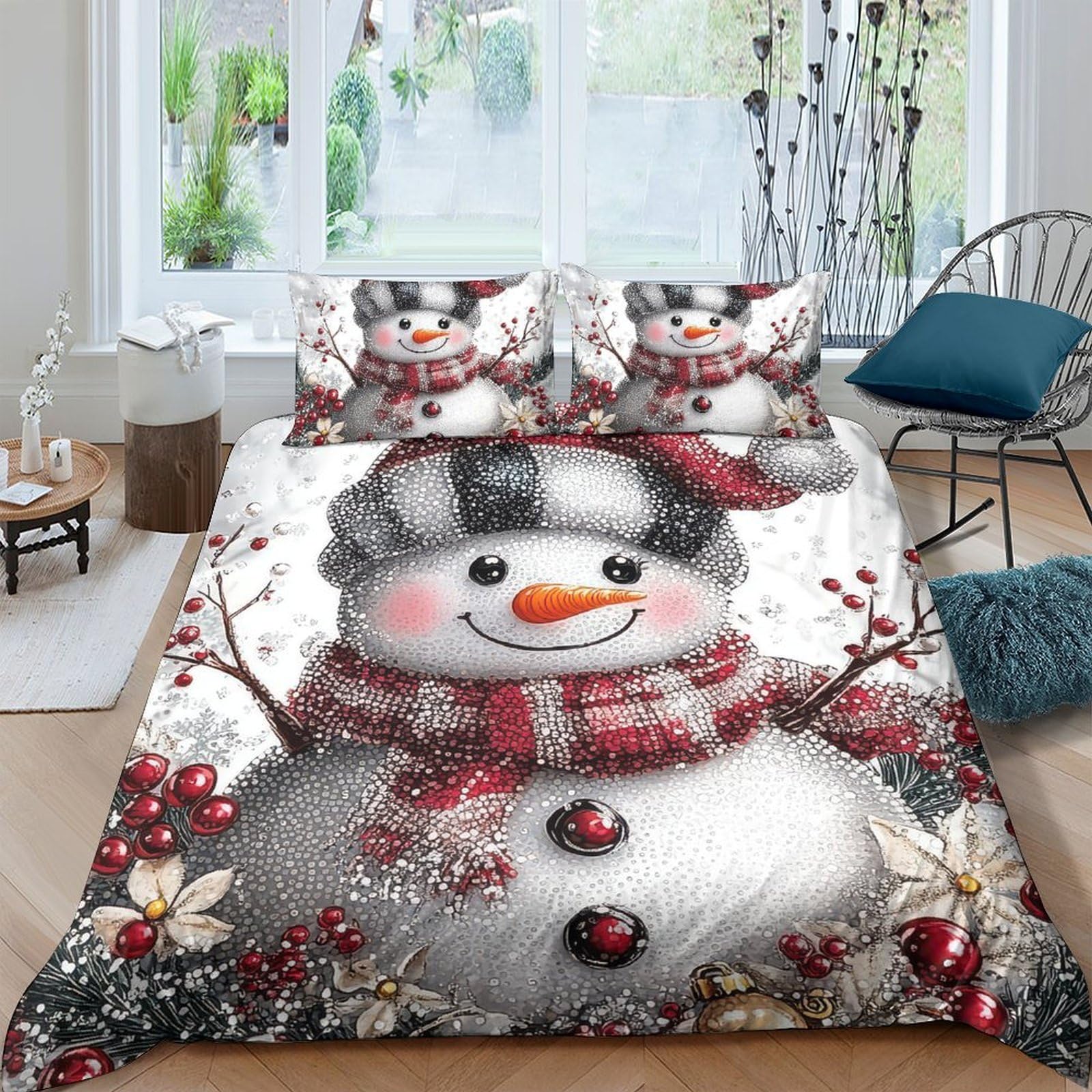 Ctjqhvkz Style-8 3D Printed Snowman Fitted Sheet Microfiber Winter Red Scarf Bed Cover For Bedroom Guestroom Dorm Decor Mattress Protection Single（135X200cm）