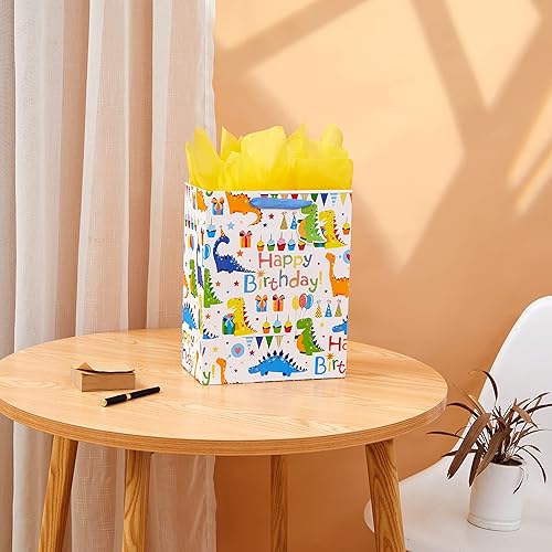 Miniatura 2 de Bobobag Bolsa de regalo grande de 13 pulgadas con papel de seda para niños, bolsas de regalo de cumpleaños (dinosaurio)