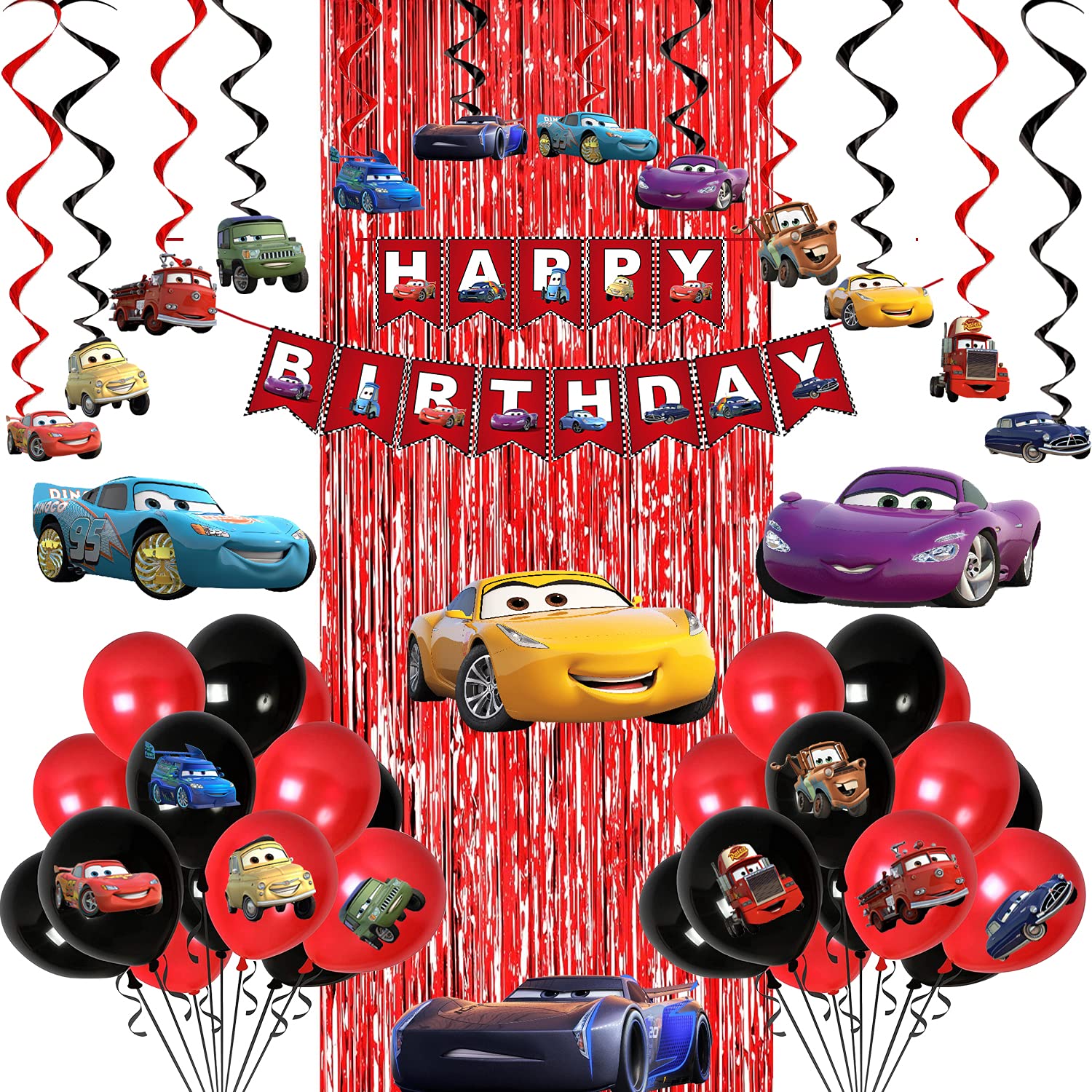 Party Propz Car Theme Decoration for Birthday – 46 Pcs Birthday Decoration Kit for Boys with Red Balloons, Banner, Foil Curtain, Swirls & Cardstock, Cars Decorations for Kids birthdays