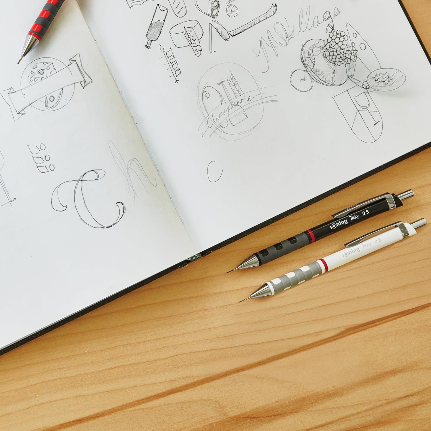 rOtring Tikky Mechanical Pencil, Ballpoint & Eraser Set | HB Lead, 0.5 mm Pencil | Medium Point Pen | Black Barrel | Lightweight with Rubberised Grip