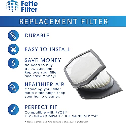 Miniatura 6 de Fette Filter - Juego de filtros de vacío Hepa de alta calidad compatible con RYOBI 18V ONE+ Aspiradora compacta inalámbrica sin escobillas modelo