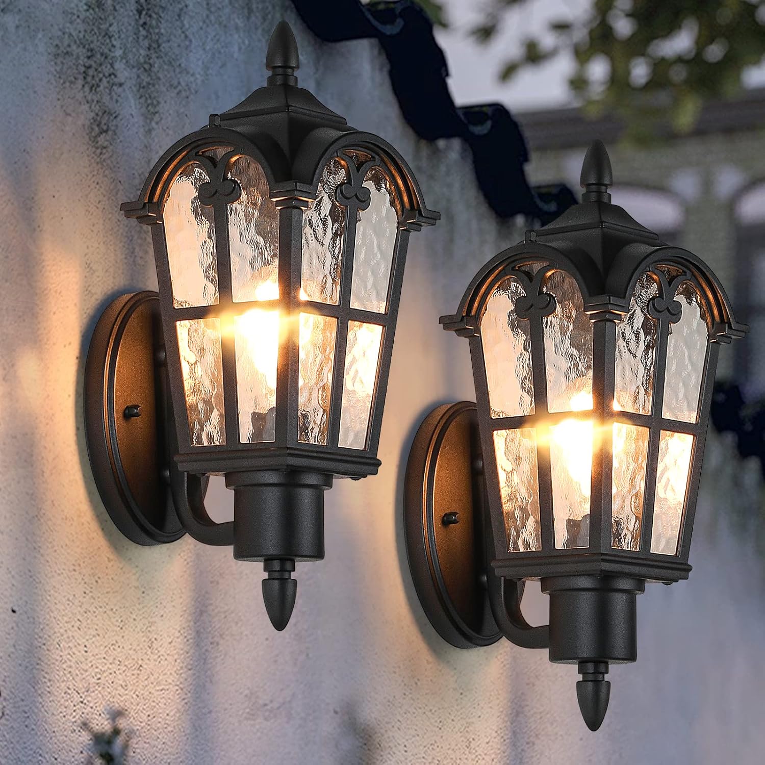 Sucolite Outdoor Wall Light Fixtures Wall Mounted, Exterior Waterproof Porch Lights Wall Lanterns, Outside Wall Sconces with Water Ripple Glass for House Front Door Garage, Retro Vintage Style, 2 Pack