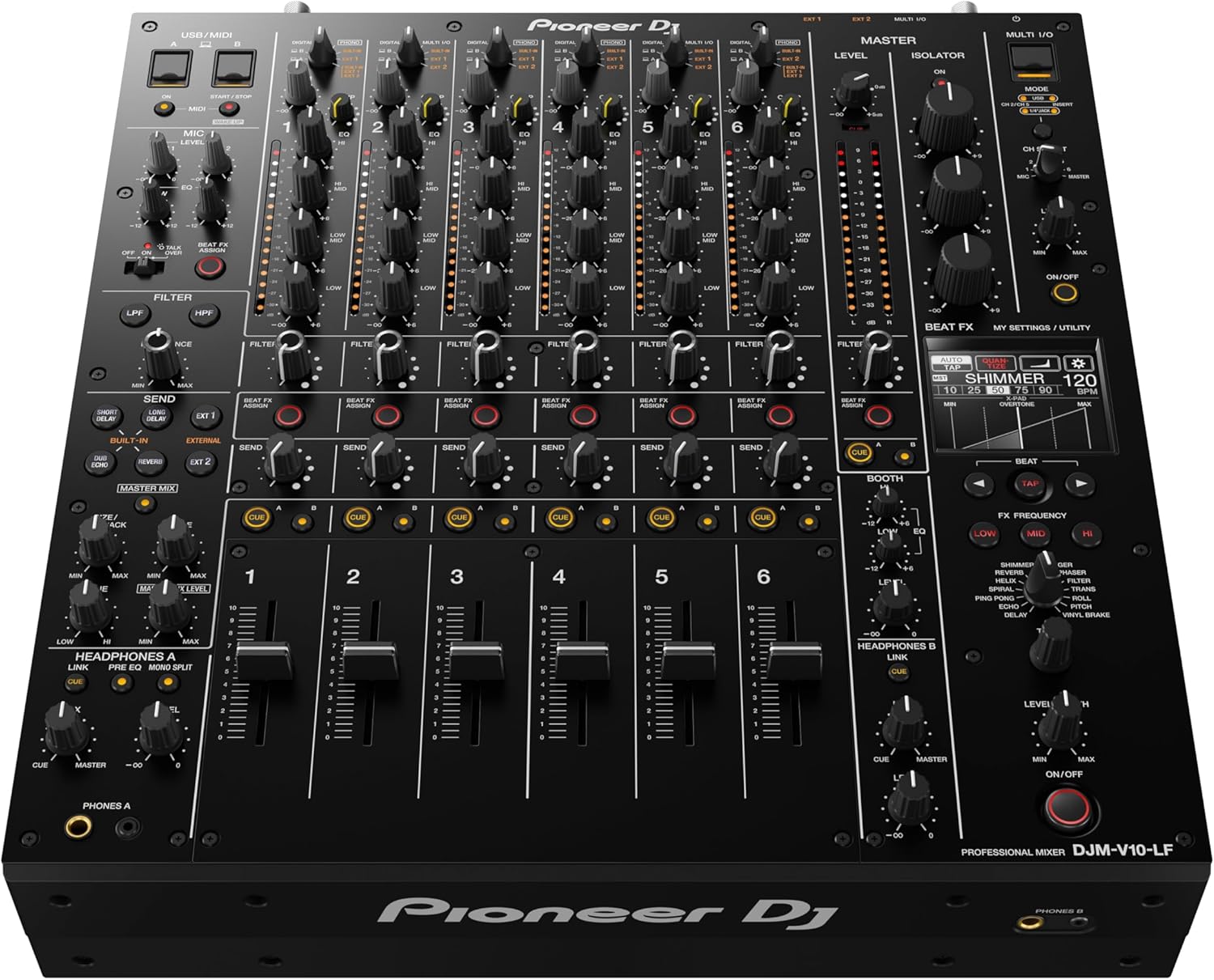 Atas ke bawah view of the Pioneer DJM-V10-LF mixer's control panel, displaying all channels, EQs, effects, and master section.