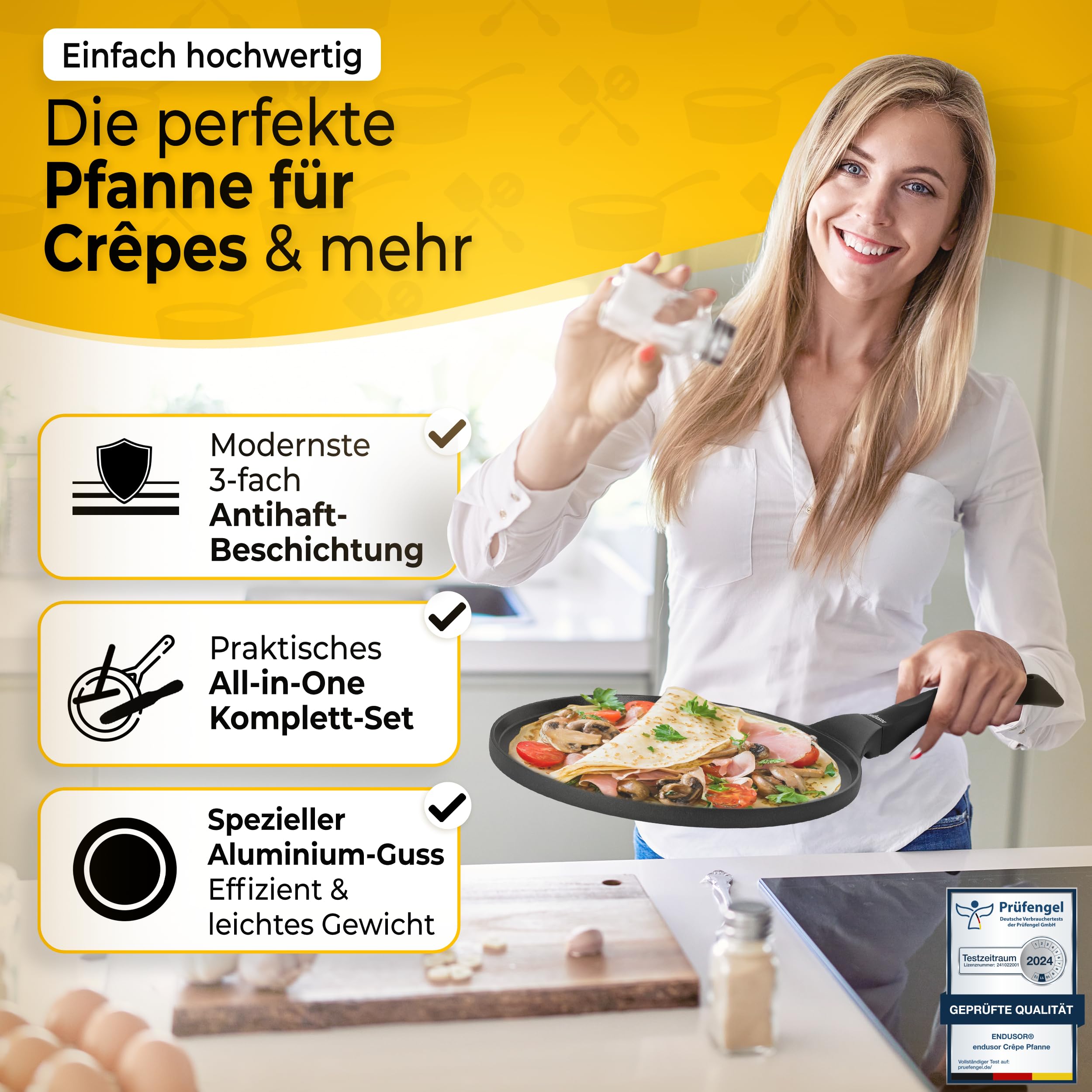 endusor Crepe Pfanne Induktion 26cm mit 3-facher Antihaftbeschichtung inkl. Spatel & Verteiler aus deutschem Buchenholz- Pfannkuchenpfanne für ALLE Herdarten - Flache Crepes Pfanne (OHNE PFOA + PFOS)
