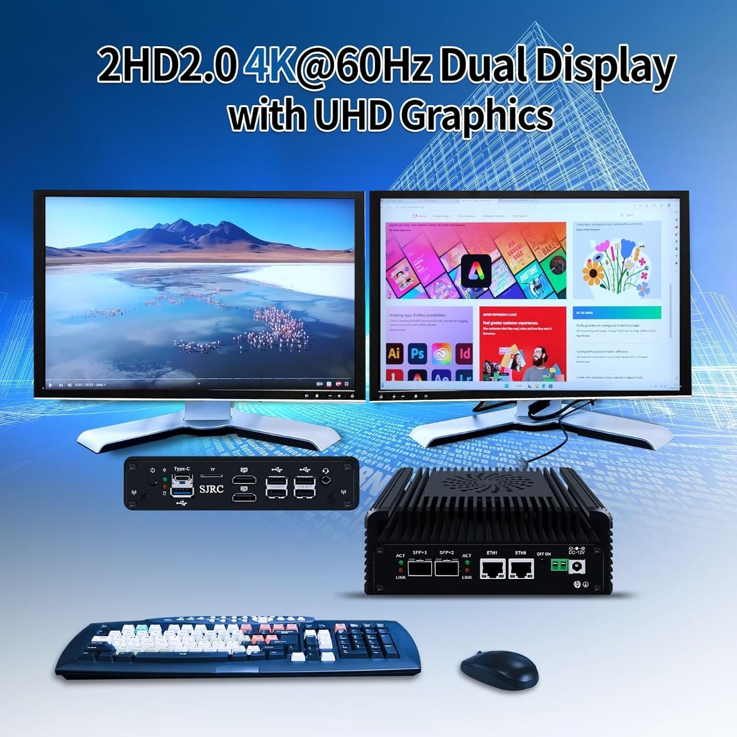 SJRC Micro Firewall Applicance Dual 10Gbe Mini PC 12th Gen Octa Core i3 N305, 2X i226V 2.5GbE LAN, 2xSFP+ 10Gbps, Support OPNsense, TF Slot, 2xHD, Type-C, Barebone NO RAM M.2 NVMe NO SSD