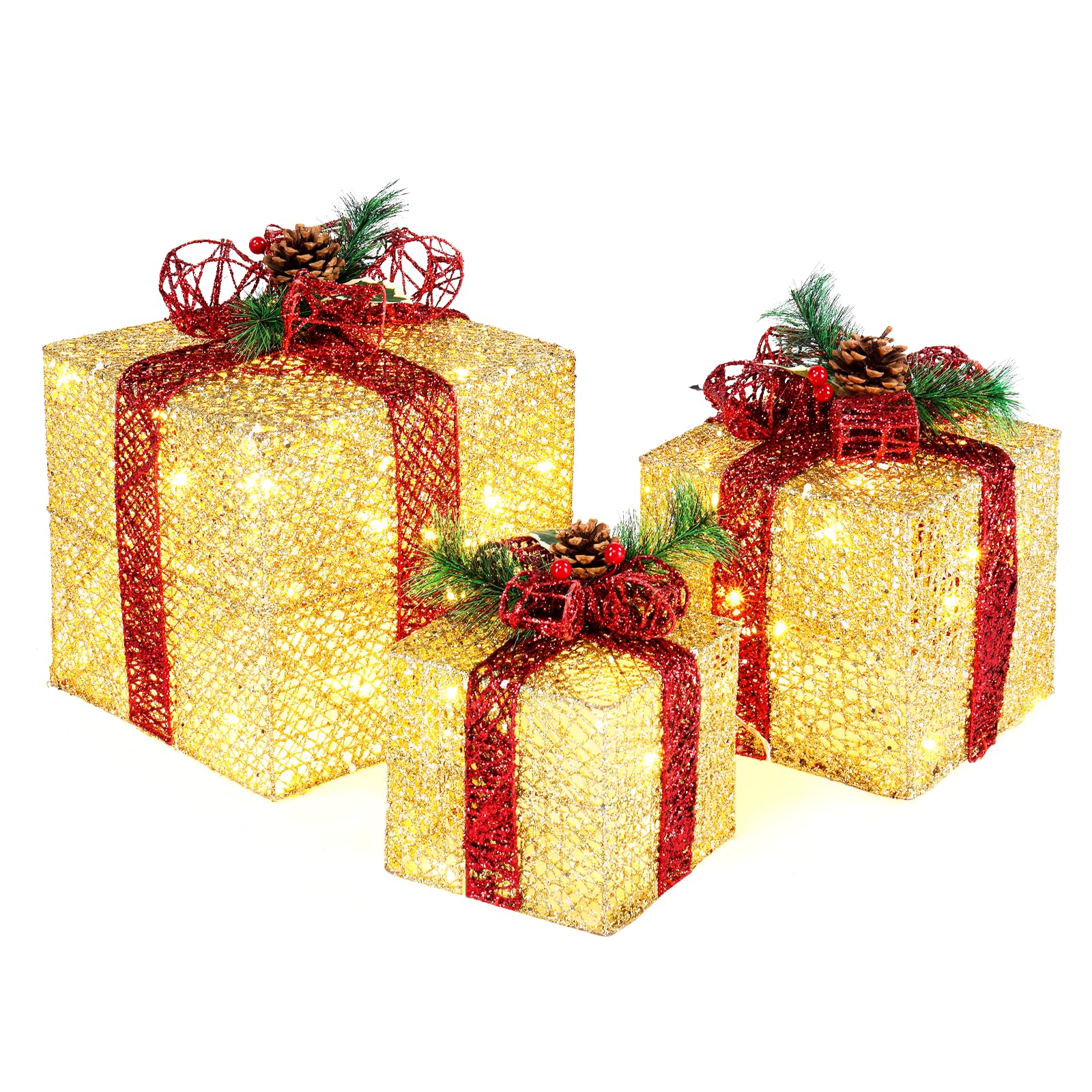 Juego de 3 cajas de regalo iluminadas de Navidad, decoración de Navidad, cajas de regalo de luces LED de Navidad, 60 cajas de regalo con luz LED, adorno para árbol de Navidad, interior y exterior,
