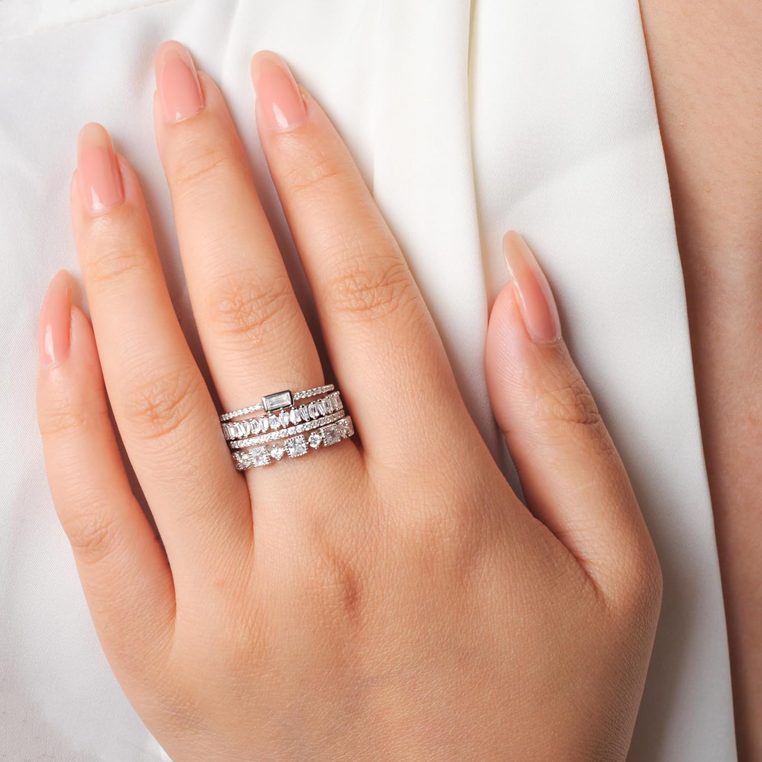 4 Pcs Cubic Zirconia Wedding Bands for Women 925 Sterling Silver, 14k White Gold Plated AAA CZ Solitaire Eternity Rings, Stackable Simulated Diamond Engagement Wedding Ring Sets for bride