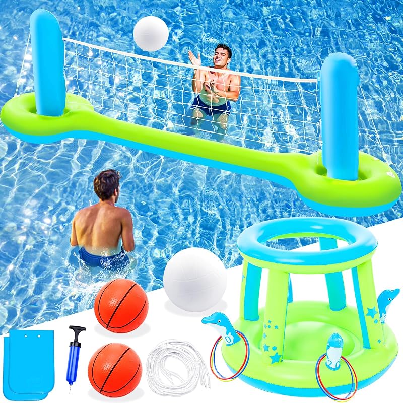 Pool Toys Games Set - 3 in 1 Pool Volleyball Net Basketball Hoop Ring Toss Game Inflatable Floats Water Floating Volleyball Swimming Pools Games Party Gift for Kids Adults (Green&Blue, L)