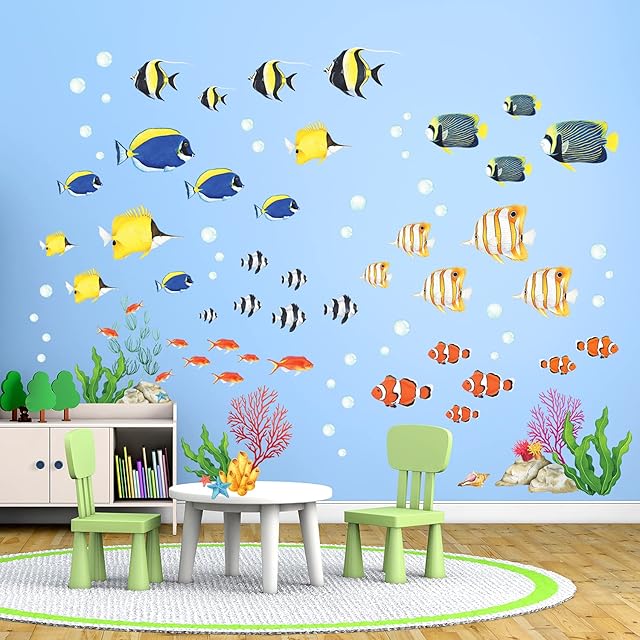 DECOWALL DW-2001 Watercolour Tropical Fish Kids Wall Stickers Decals Peel and Stick Removable for Nursery Bedroom Living Room Art murals Decorations