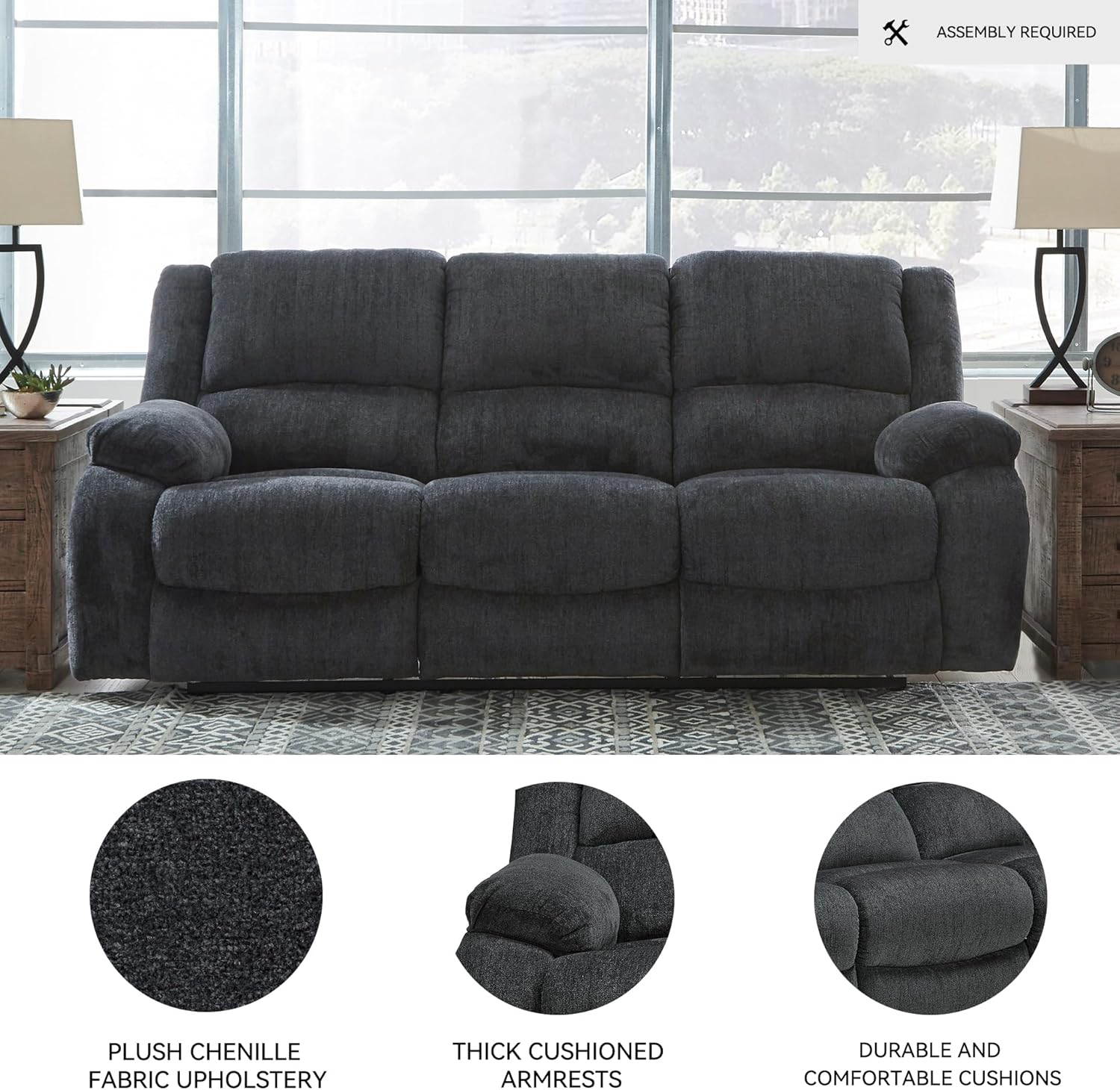 Signature Design by Ashley Draycoll Contemporary Manual Pull Tab Reclining Sofa, Dark Gray