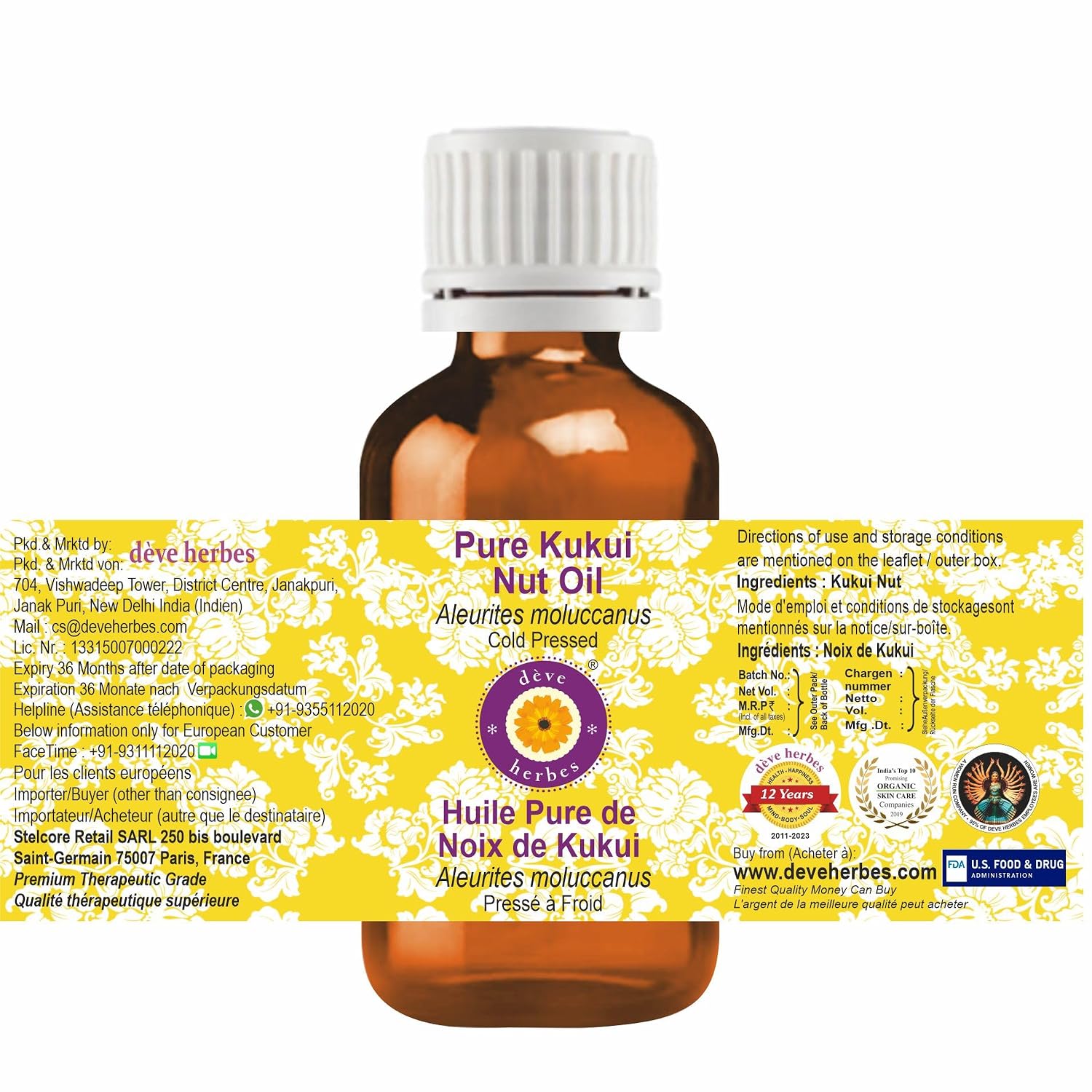 Deve Herbes Kukui Nut Oil (Aleurites moluccanus) | Cold Pressed | Pure | Natural | Undiluted | For Diluting Essential oils | For Hair, Skin & Massage | Non-Sticky| Lightweight| Unisex | 30ml (1 oz)