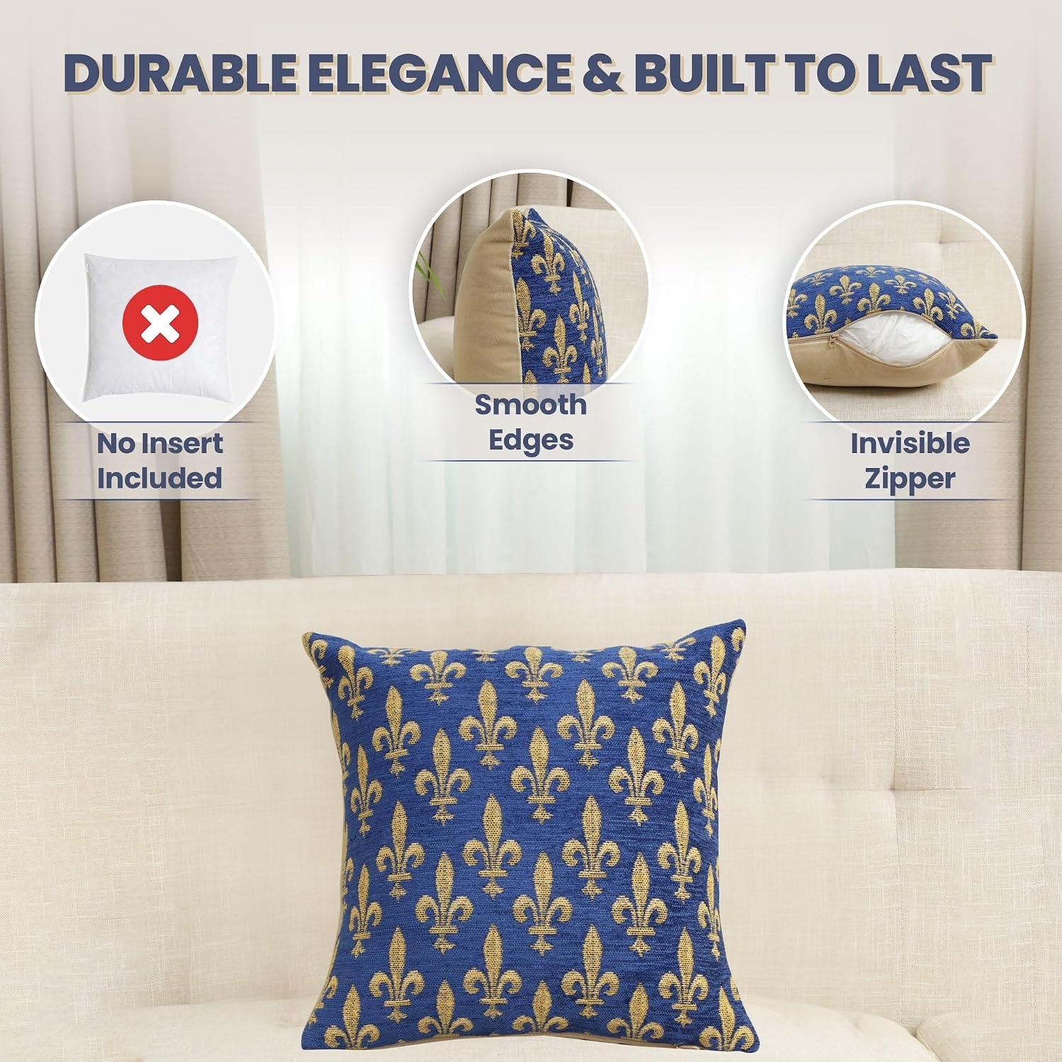Charlotte Home Furnishings Fleur Blue Throw Pillow Cover 14" x 14" – Royal Fleur de Lis Tapestry Cushion Case for Couch, Sofa, or Bed | Jacquard Woven in Belgium | Cotton Blend, Insert Not Included