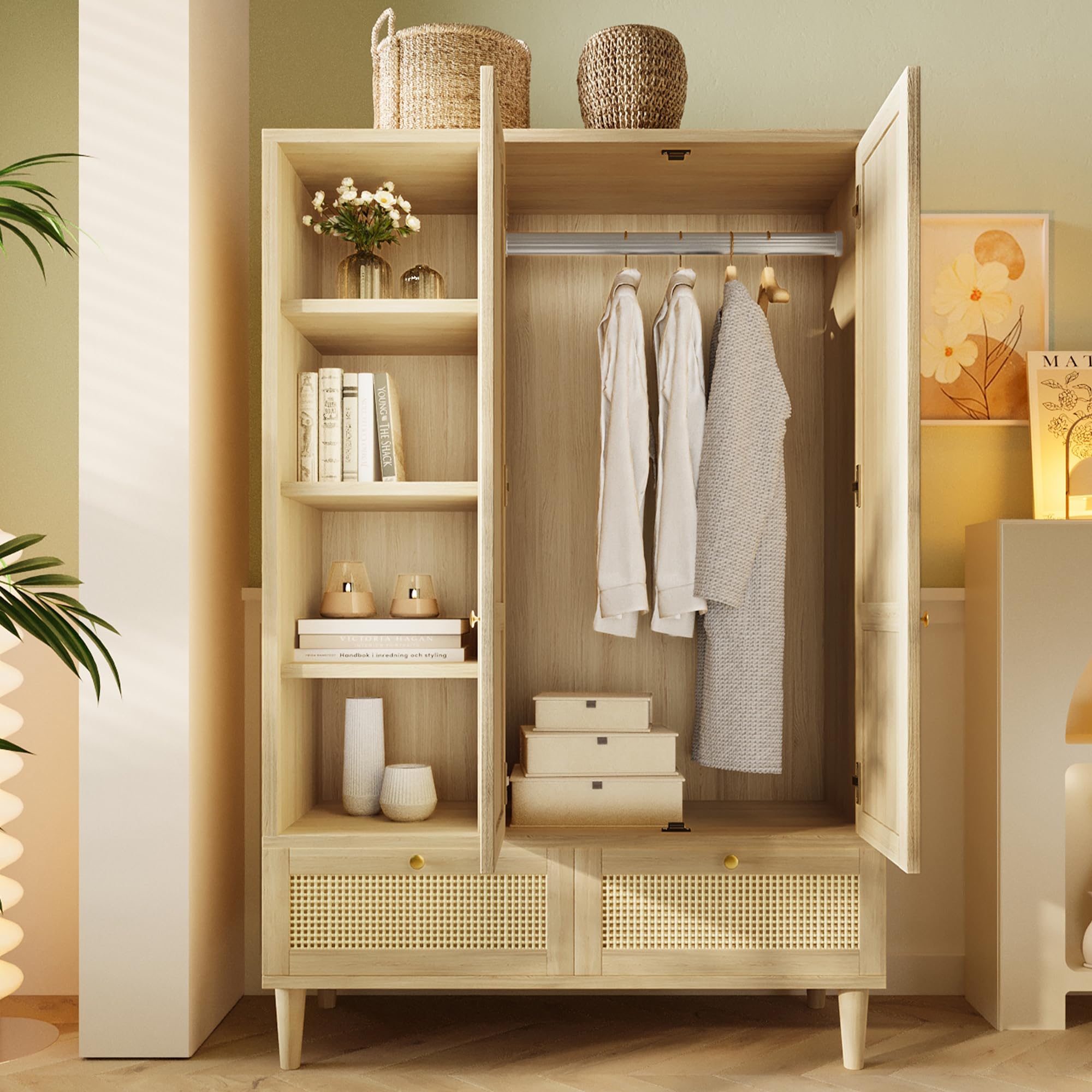 Kleiderschrank mit 2 Türen und Rattan-Geflecht im Landhausstil Eichenoptik, offenes Einlegeboden, Einlegeböden, Kleiderbügel, 2 Schubladen, Kippsicherung (180x120x50cm)