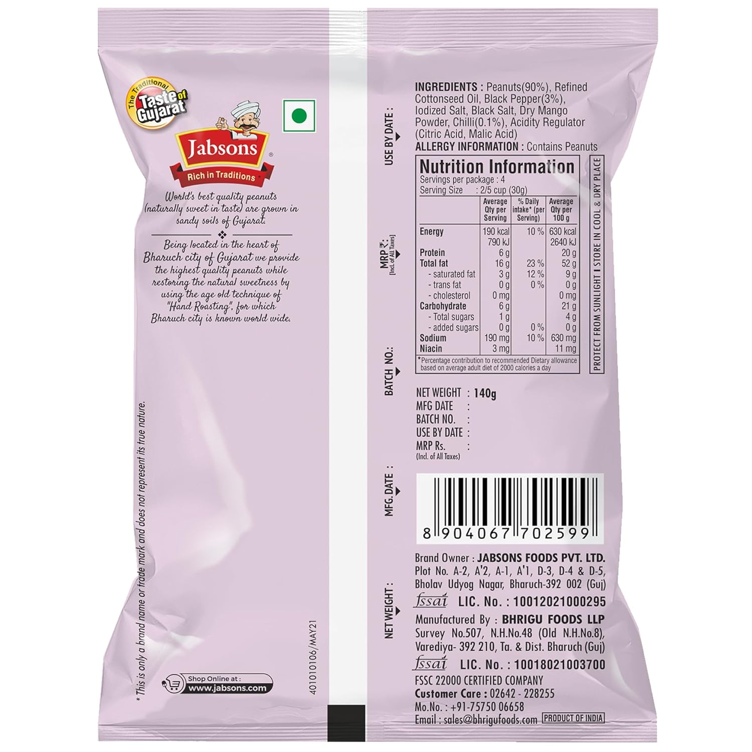 Jabsons Roasted Peanuts, Black Pepper, 140g (Pack of 6)